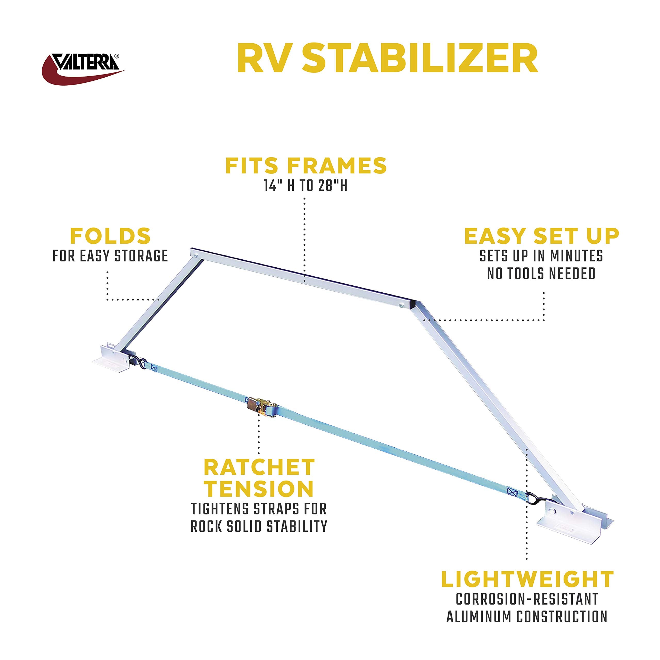 Valterra Universal RV Stabilizer Stop the Sway and Wobble, Adjustable to Fit 14-Inch to 28-Inch Frame to Ground, Compact Design with Storage Bag