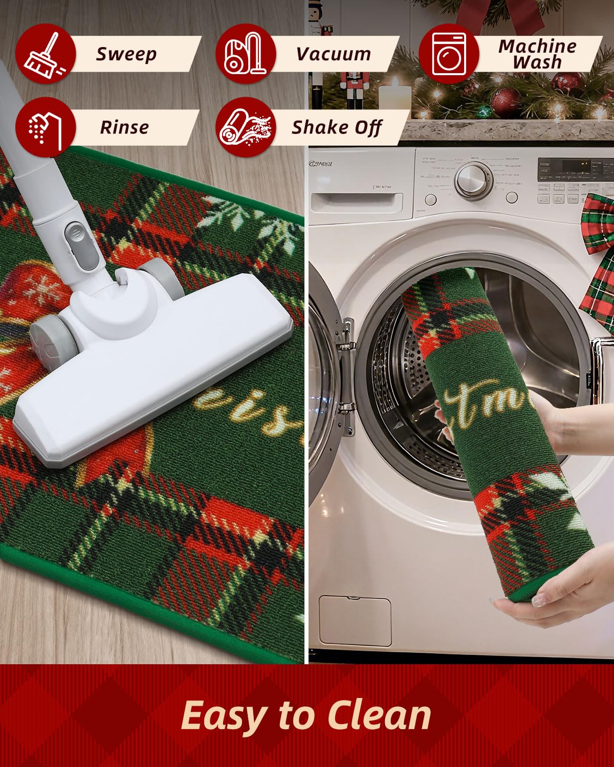 JSEI Door Mat Green Buffalo Plaid Christmas Mat 17"x30", Non-Slip Mats for Entryway with Merry Christmas Greeting and Bow Snowflake Design, Machine-Washable Xmas Doormat for Front Back Door