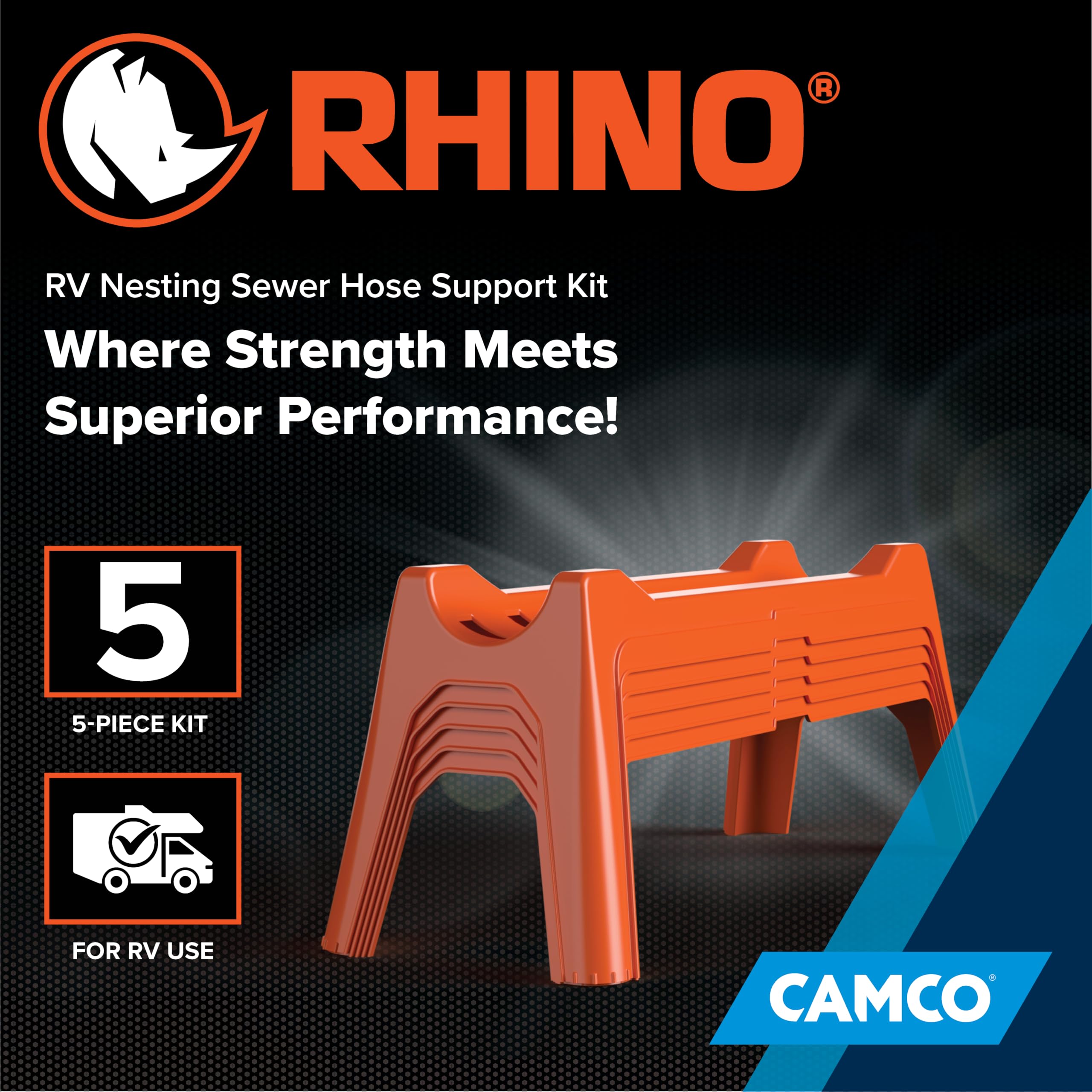 Camco Rhino RV Sewer Hose Support Kit - Extends Over Uneven Terrain for Easy Drainage - Supports Up to 15-Feet of RV Sewer Hose - Features Nesting Design for Storage - 5 Support Sections (43072)