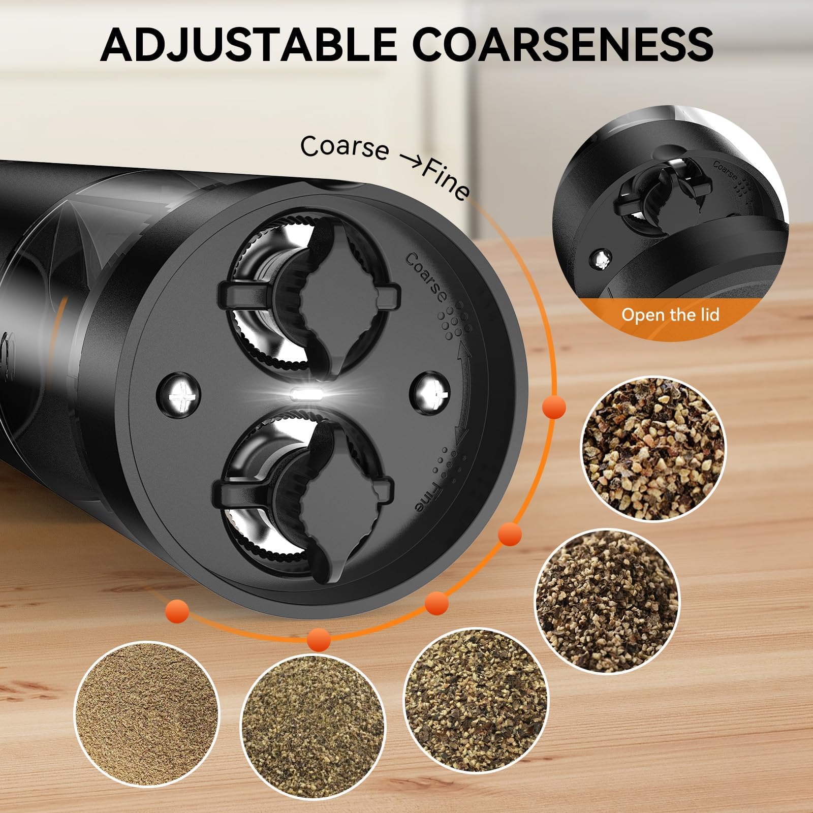 HeatBay 2 in 1 Electric Salt and Pepper Grinder Set, USB Rechargeable, Automatic Salt and Pepper Mill Shakers with Battery Display, LED Light, Adjustable Coarseness Ideal for Kitchen Gift(Black)