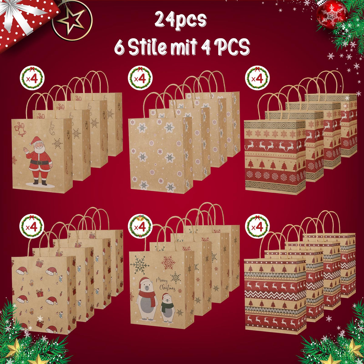 Mjokoj 24 Pack Christmas Gift Bags, 6 Designs Christmas Kraft Paper Bags, 8.85x7.08x3.5 Inches with Handles Xmas Gift Bags, Suitable for Holiday Kraft Paper Gift Bags, Reusable Christmas Gift Bags