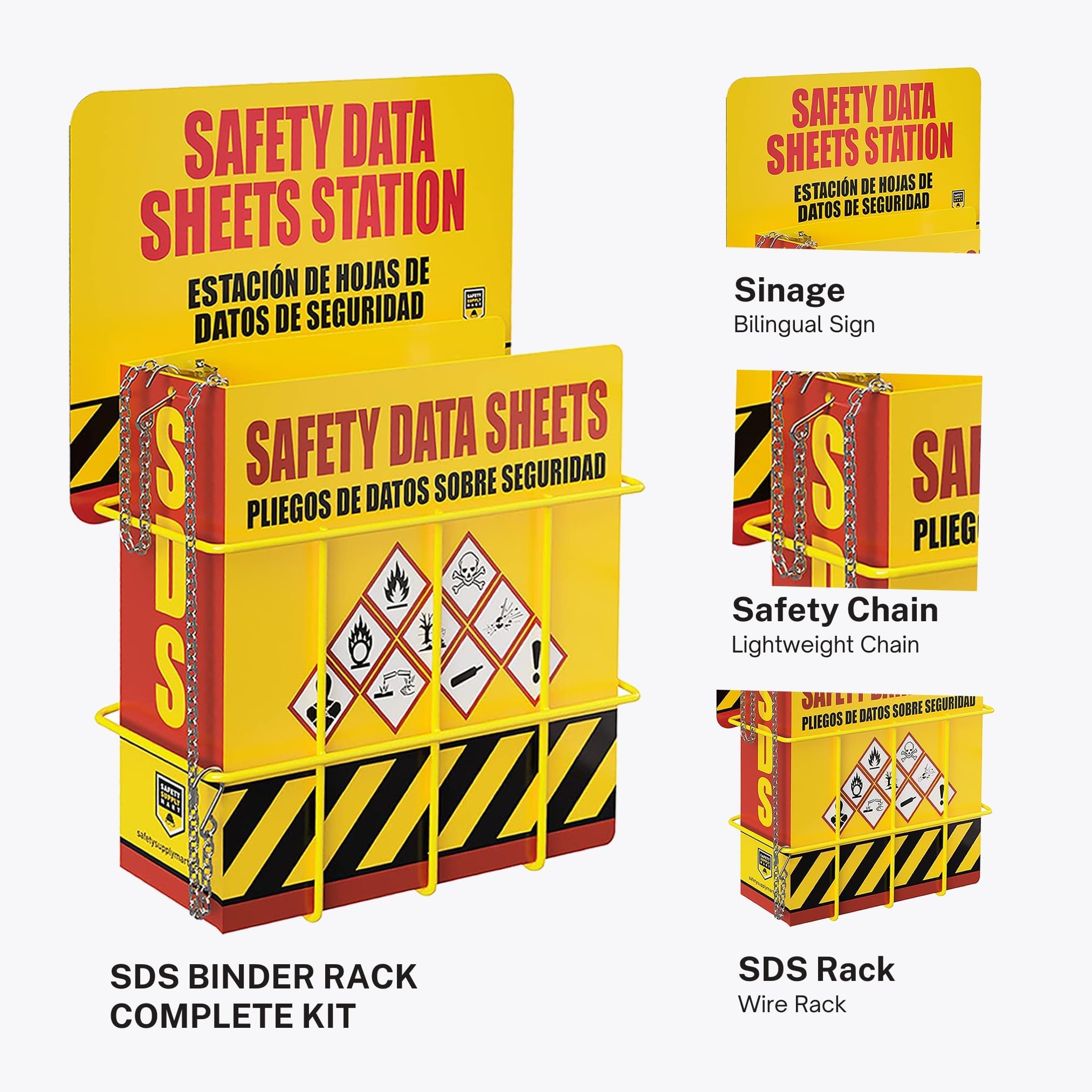 SDS Display Kit Rack Set with Heavy Duty 3 Inch Ring Binder, Wire Rack, SDS Station Sign, Chain, Mounting Hardware & SDS Poster - Organize Safely and Efficiently