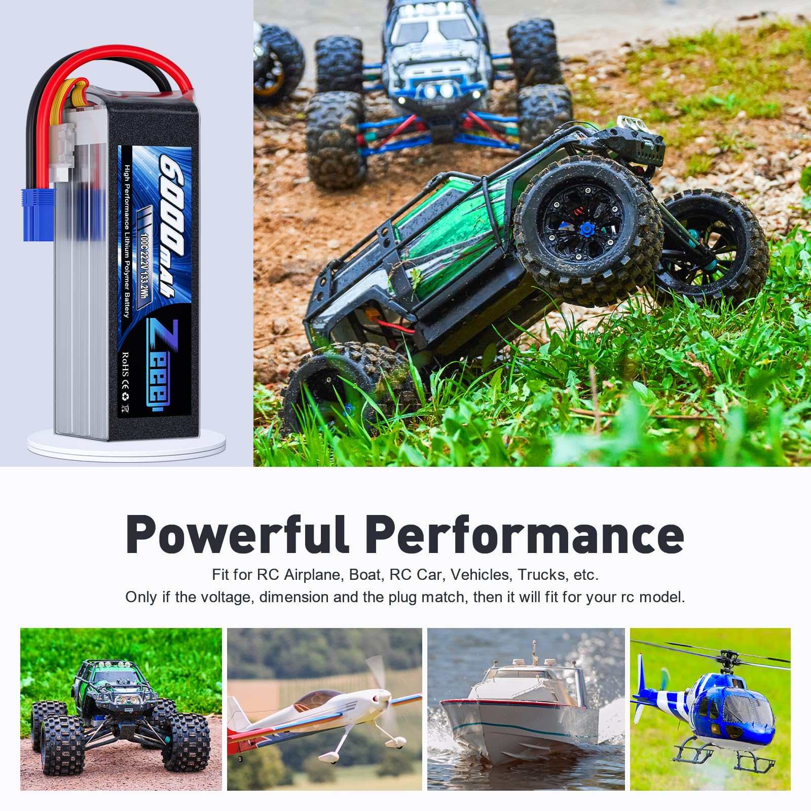 Zeee 22.2V 100C 6000mAh 6S Lipo Battery with EC5 Connector RC Battery for RC Car Truck RC Airplane Helicopter Quadcopter Boat