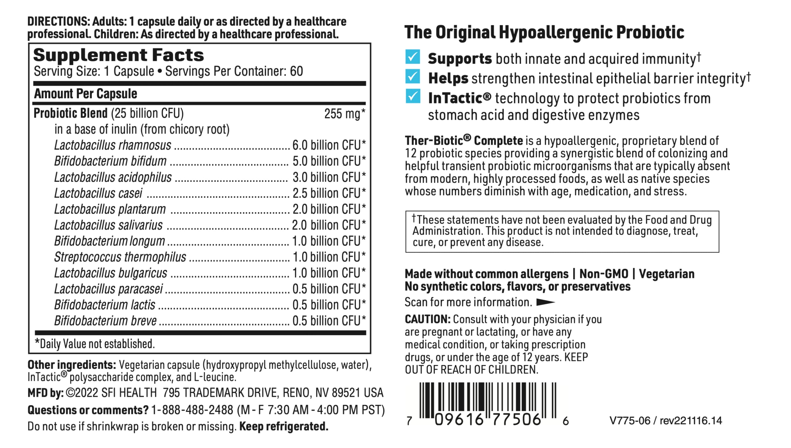 Klaire Labs SFI Health Ther-Biotic Complete - Hypoallergenic Probiotics for Women & Men - Acid-Stable Probiotic Supplement - 12 Species for Immune & Digestive Health - 25 Billion CFU (60 Capsules)