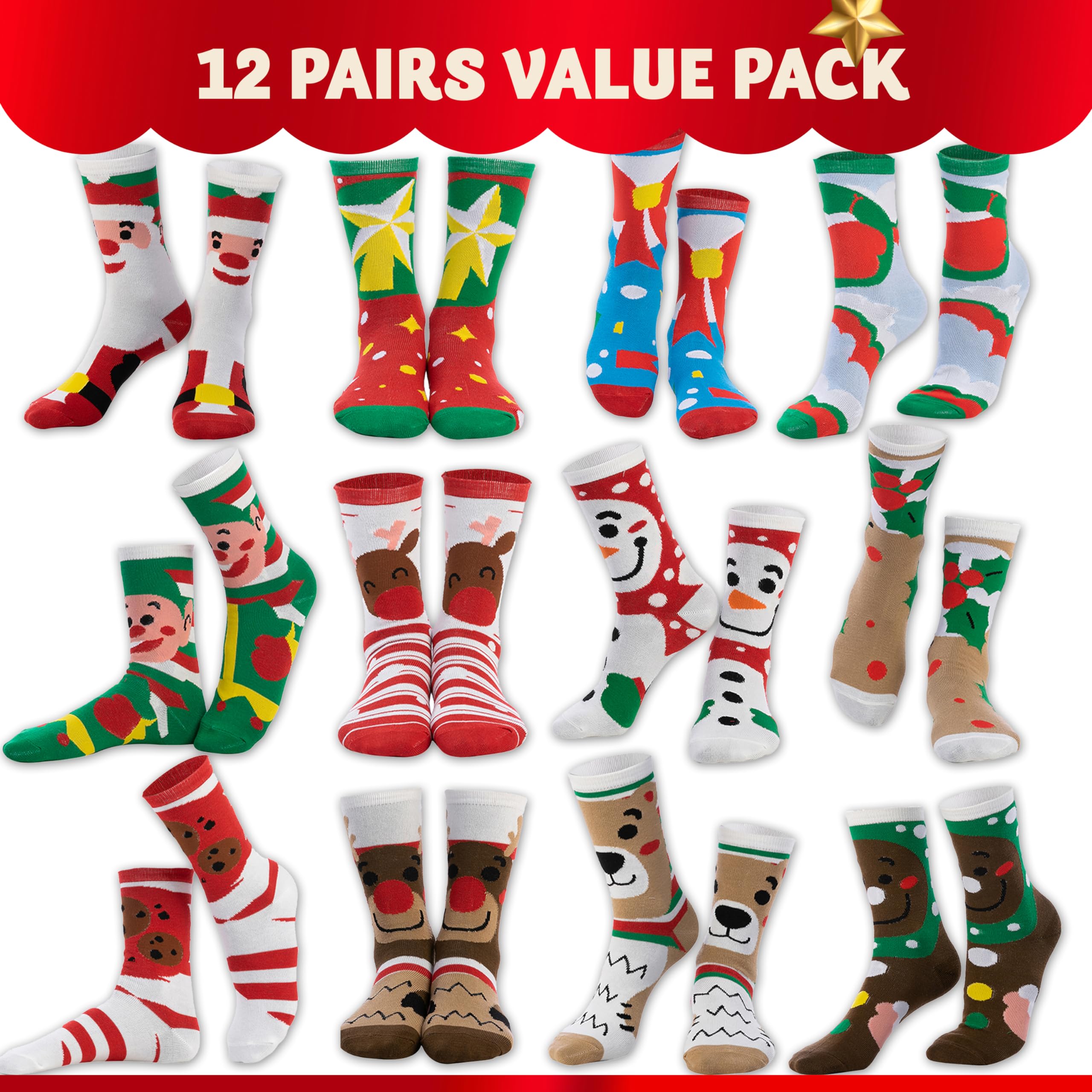 JOYIN 12 Packs Christmas Socks Women Colorful Funky Paint Crew Socks for Women Men for Christmas, Holiday or Birthday Gift