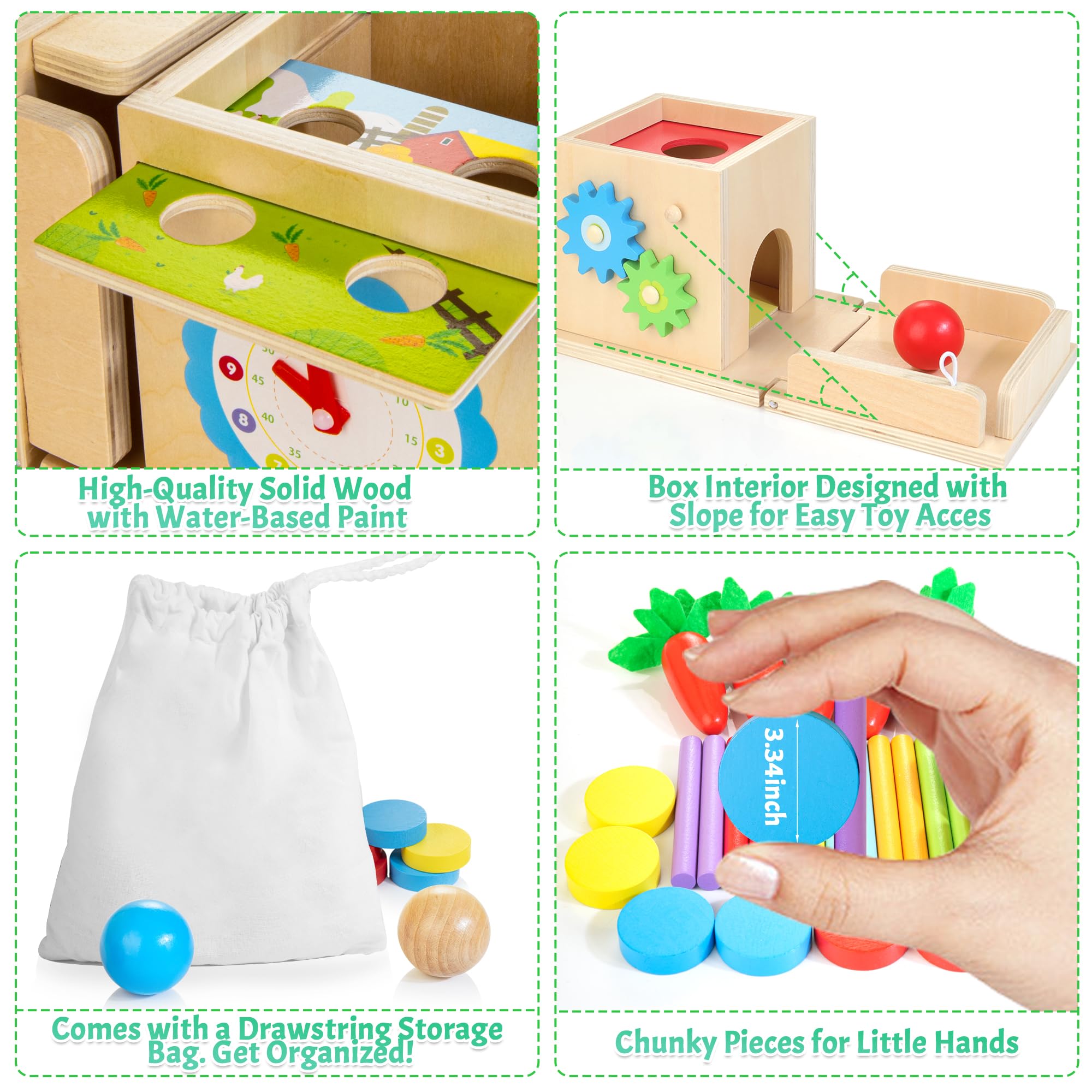 Kizfarm Wooden Montessori Baby Toys, 8-in-1 Wooden Play Kit Includes Object Permanent Box, Coin Box, Carrot Harvest, Shape Sorting & Stacking - Christmas Birthday Gift for Boys Girls Toddlers
