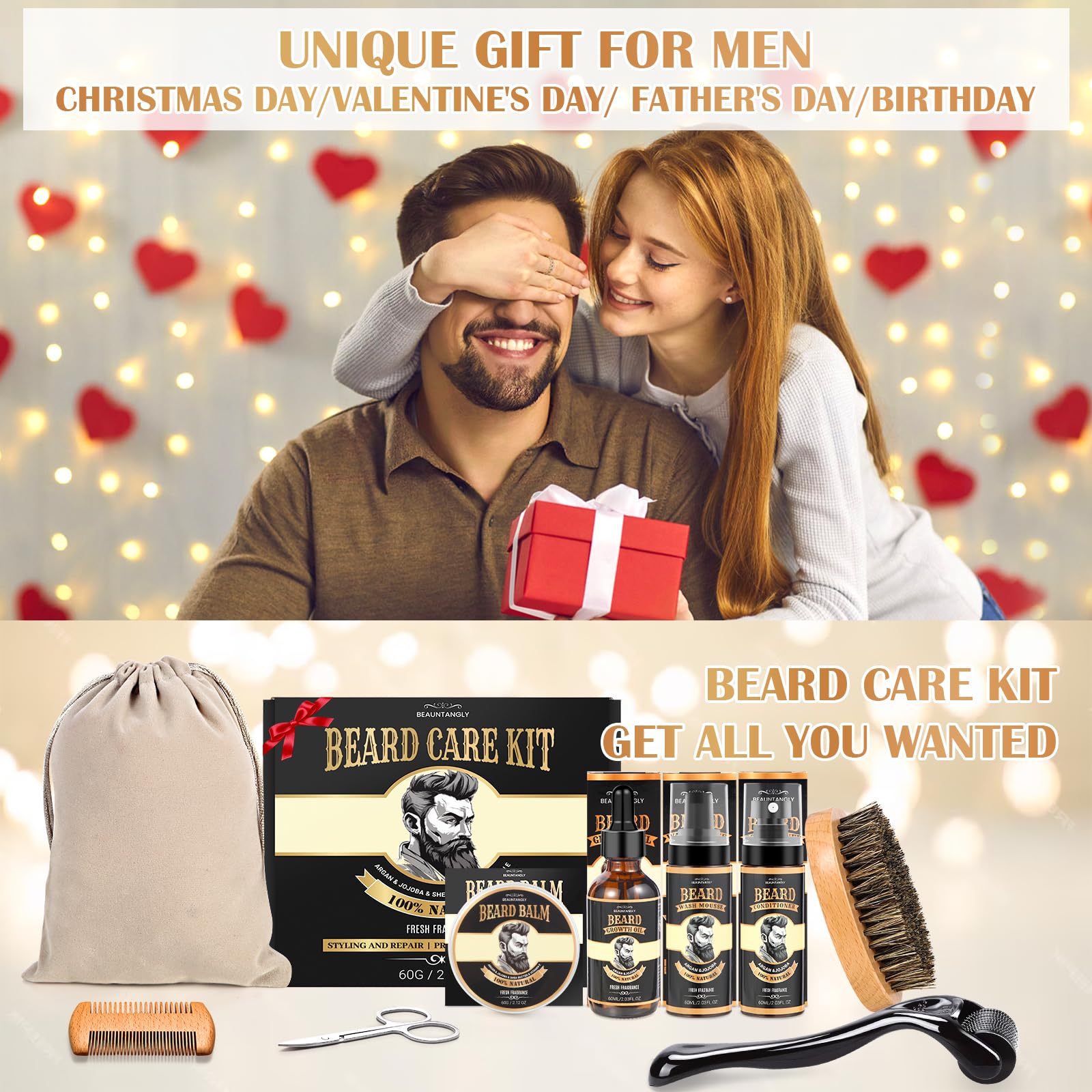 Beard Growth Kit, Grooming Set w/Growth Oil, Conditioner, Balm, Shampoo Wash, 0.25MM Roller, Brush, Comb, Scissor, Bag, Christmas Birthday Valentines Day Gifts for Him Men