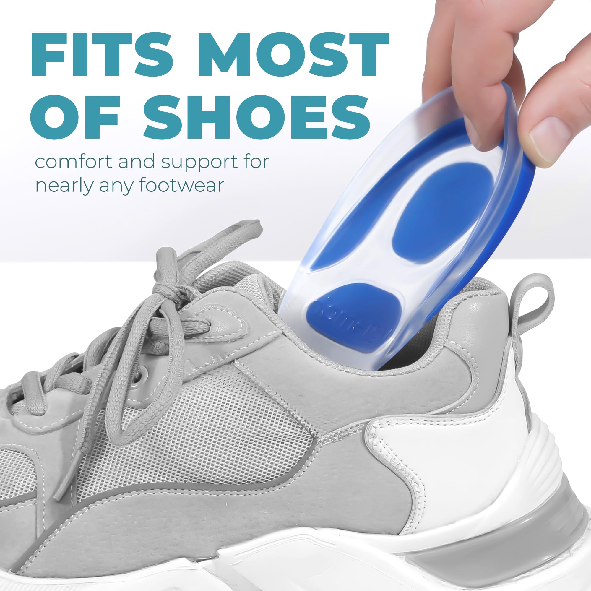 Next Generation Gel Silicone Non-Slip Heel Cups for Foot Pain Relief – 2 Pack Orthotic Inserts for Plantar Fasciitis/Achilles Tendonitis – Durable, Washable, for Men/Women