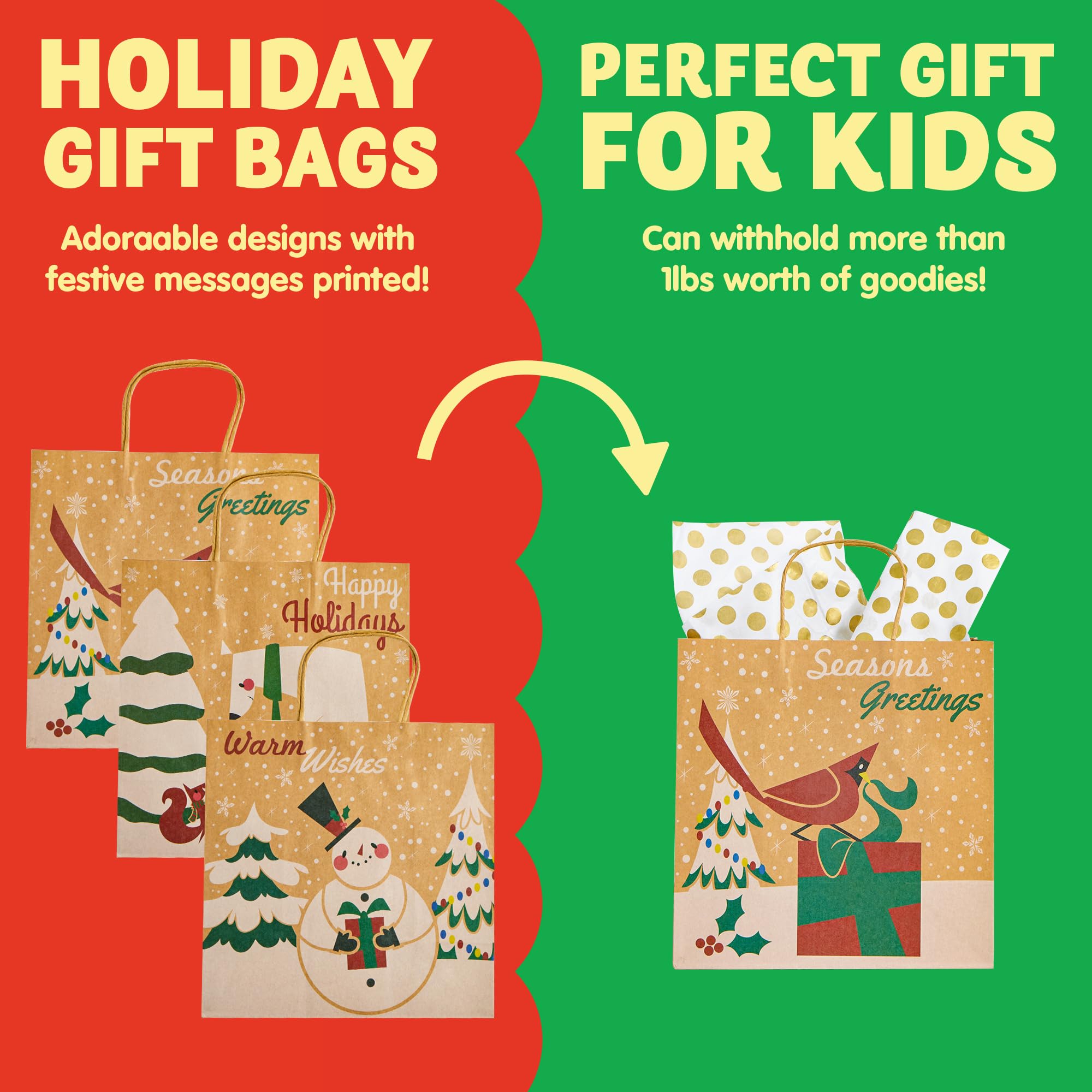 JOYIN 24 PCS Christmas Kraft Gift Bags with Assorted Christmas Prints for Kraft present Bags, Christmas Goody Bags, Xmas Gift Bags, School Classrooms and Party Favors (not included tissue paper)