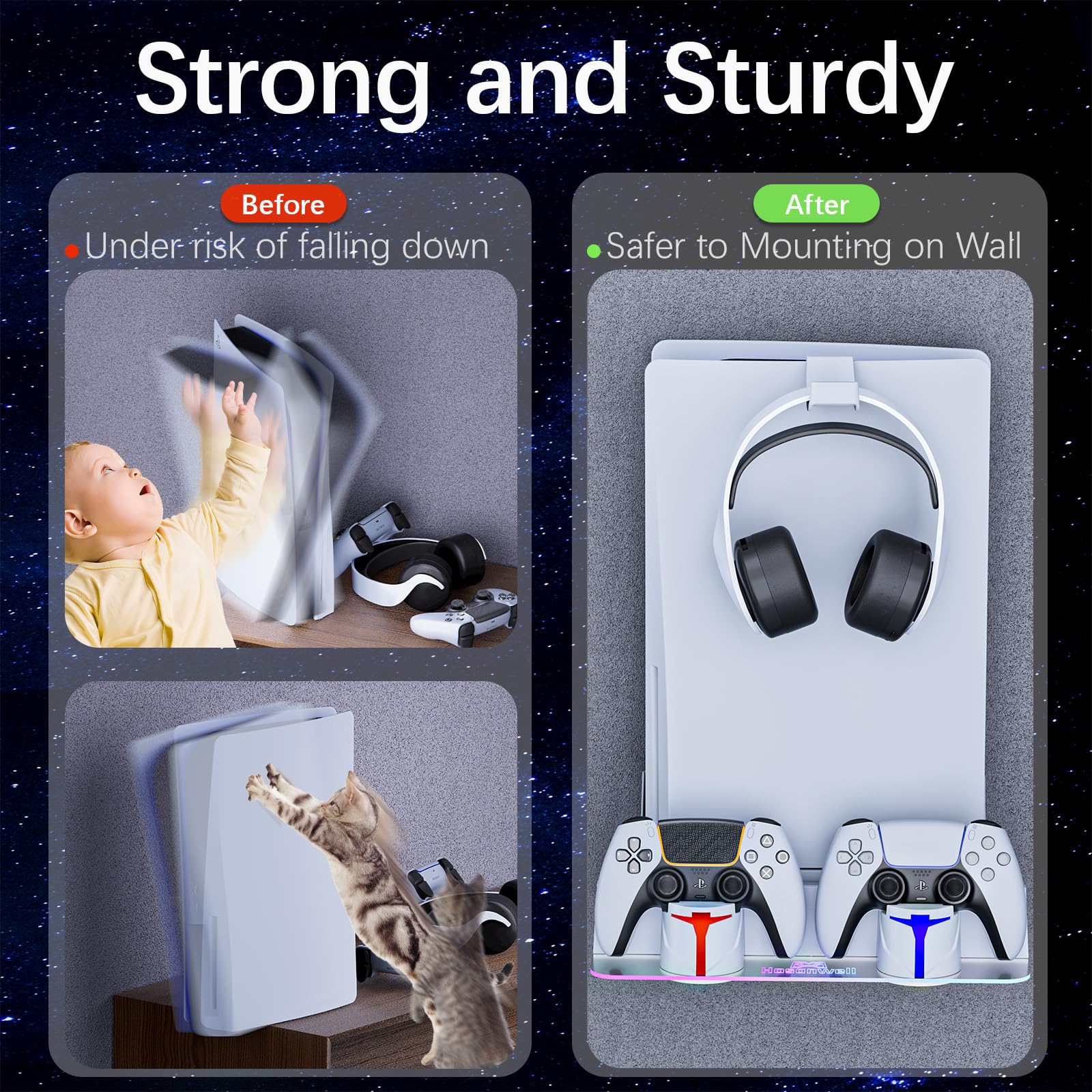 Hosanwell PS5 Wall Mount Kit with Charging Station, Compatible with PS5 and PS5 Slim Disc & Digital Version, Dual Use Charging Station with Multi-Mode RGB Light, White