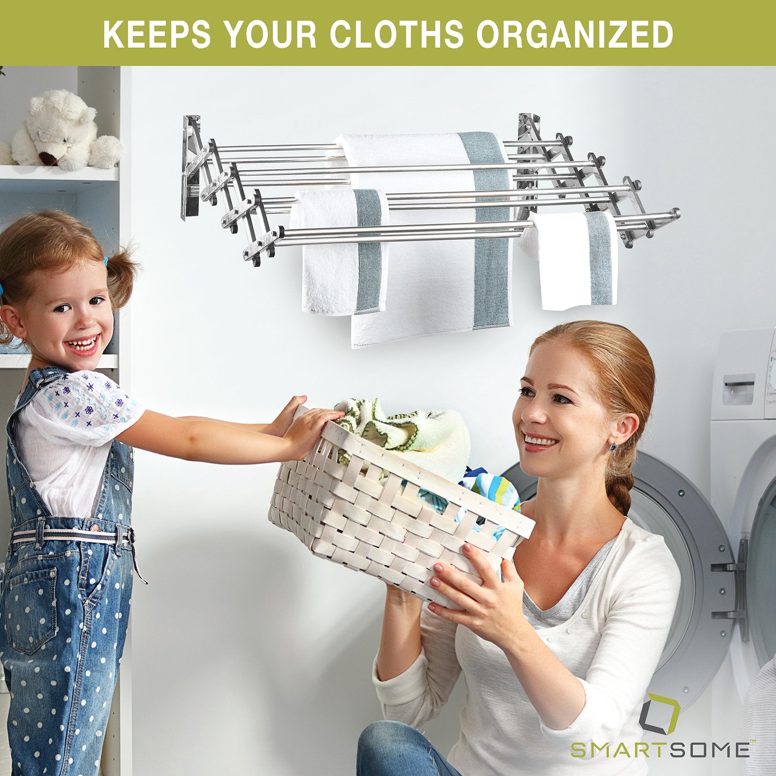 Smartsome Space Saver Fold Away Racks: Stainless Steel Wall Mounted Laundry Drying Rack, Easy To Install - 8 34" Rods, Total: 22.5 Linear Ft, 60 lb Capacity- Indoor and Outdoor Use