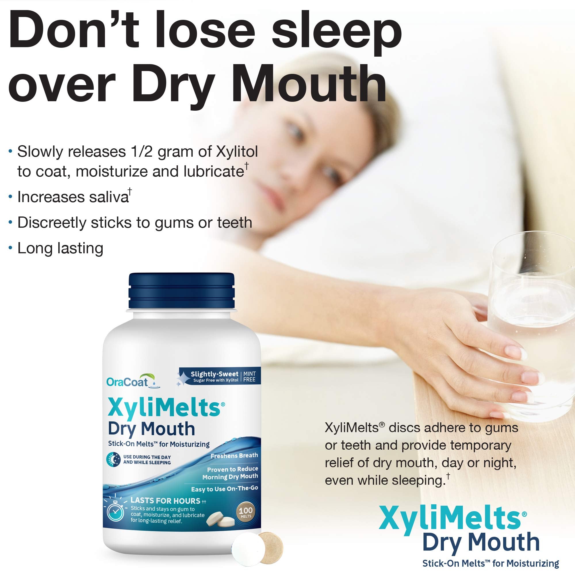 OraCoat XyliMelts Dry Mouth Relief Oral Adhering Discs, Slightly Sweet with Xylitol, for Dry Mouth, Stimulates Saliva, Non-Acidic, Day and Night Use, Time Release for up to 8 Hours, 100 Count