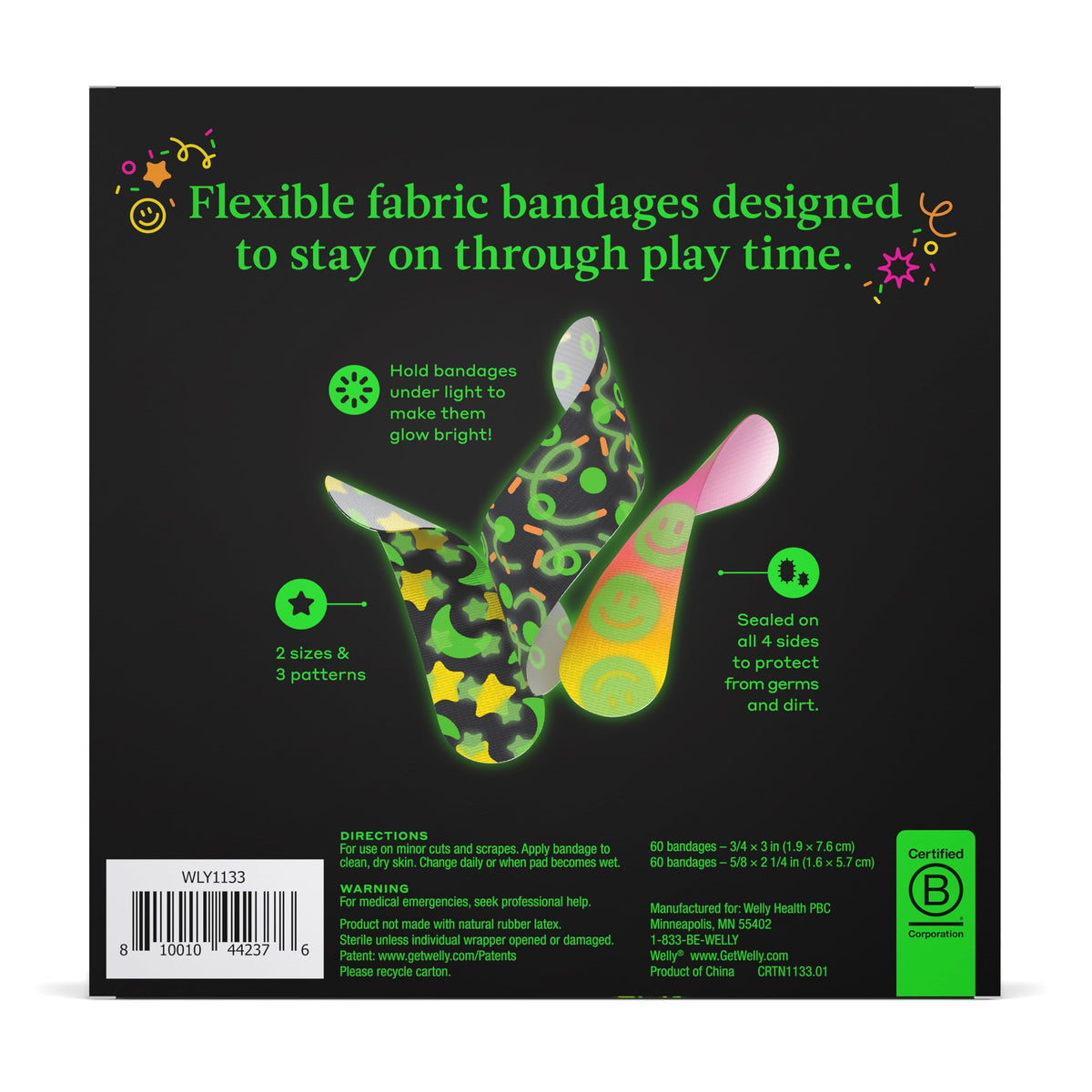 Welly Bandage Glow-in-The-Dark Refill Pack | Adhesive Flexible Fabric Bandages | Assorted Shapes and Patterns for Minor Cuts, Scrapes, and Wounds - 120 Count