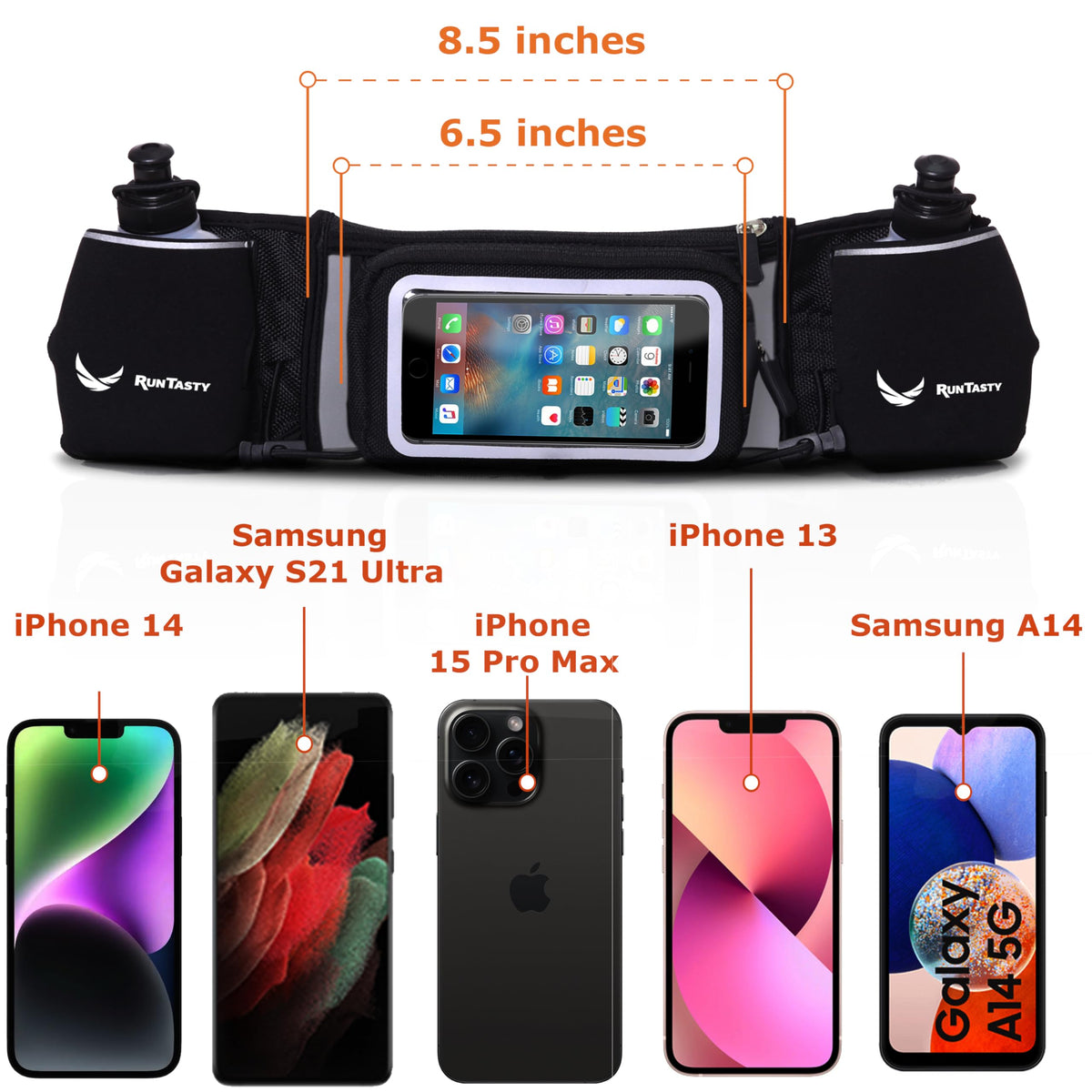 No.1 Hydration Belt by Runtasty - Premium Running Fuel Belt w/2 BPA-Free 10 oz Water Bottles, Tilt-Up Pocket w/Touchscreen-Ready Cover - Fits All iPhones, Runners Ebook & No-Bounce Design