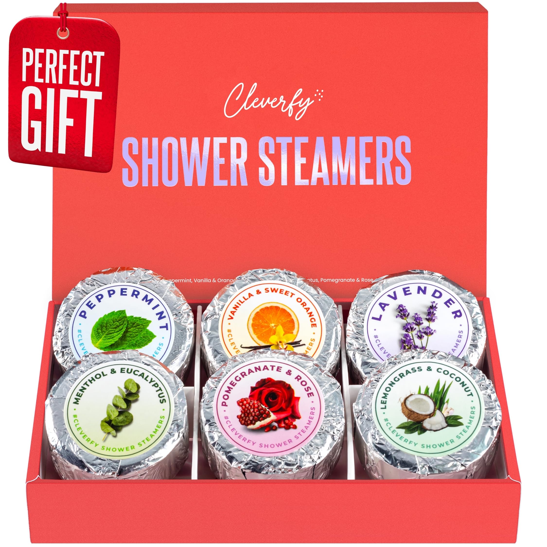 Cleverfy Shower Steamers Aromatherapy - Compact Variety Pack of 6 Shower Bombs with Essential Oils. Self Care Birthday Gifts for Women and Valentines Day Gifts for Her and Him. Red Set