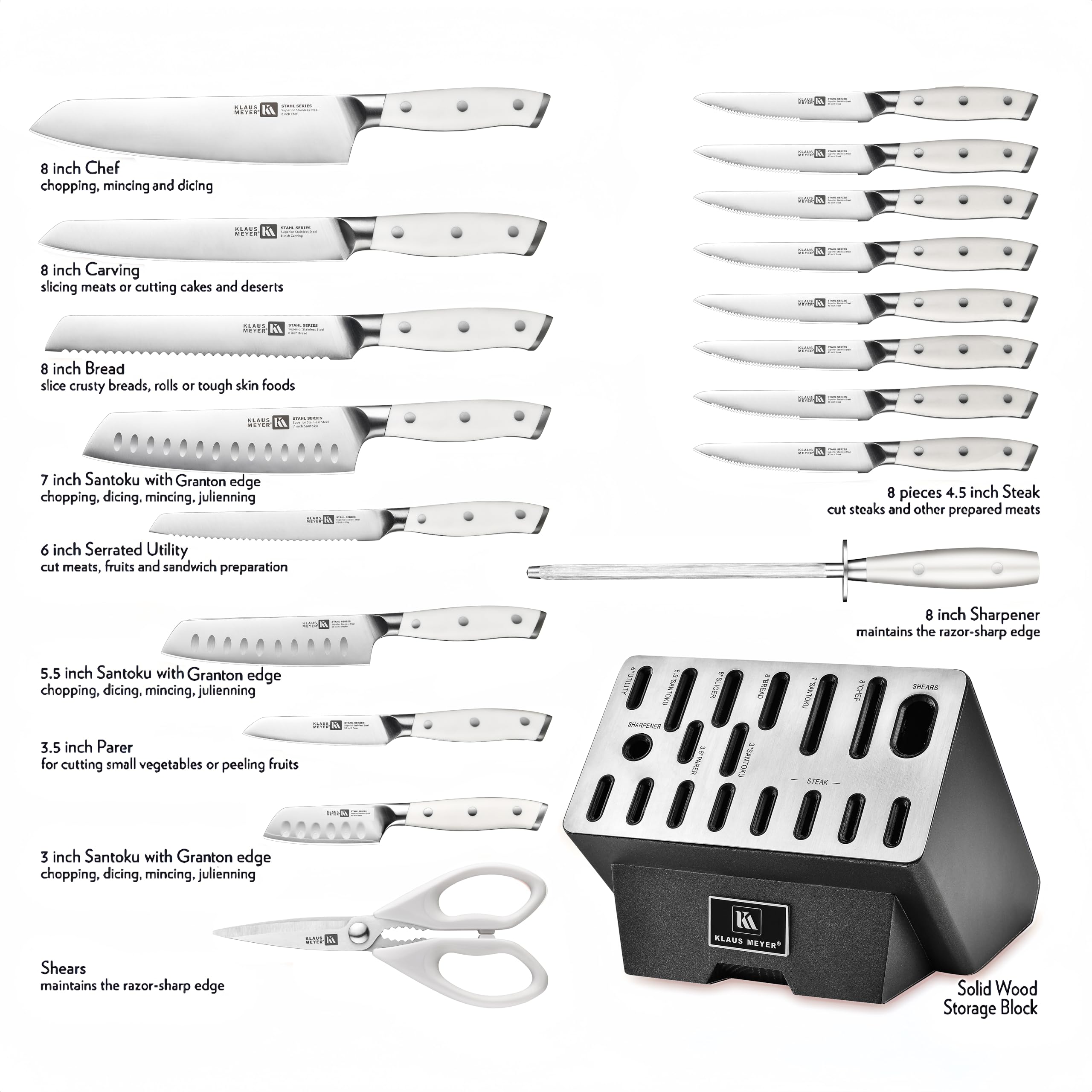 Klaus Meyer 19-Piece Knife Block Set, High Carbon German Stainless Steel (Stahl), Full-Tang Handles with Sharpener, White