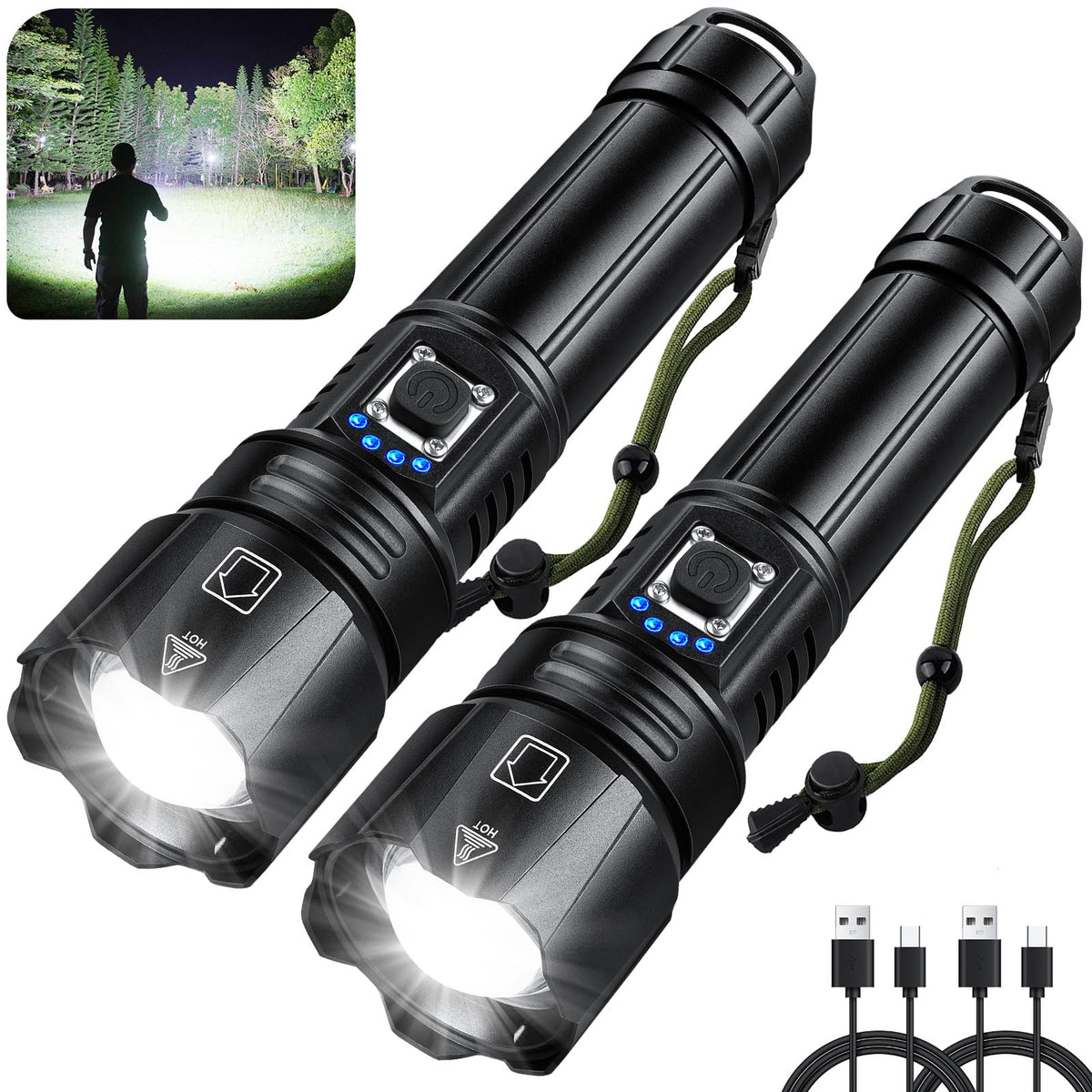 Flashlights High Lumens Rechargeable, 990000 Lumen Super Bright Flashlight 2 Pack, High Powered LED Flash Light with 5 Modes, IPX6 Waterproof Handheld Flashlights for Home Camping Gift