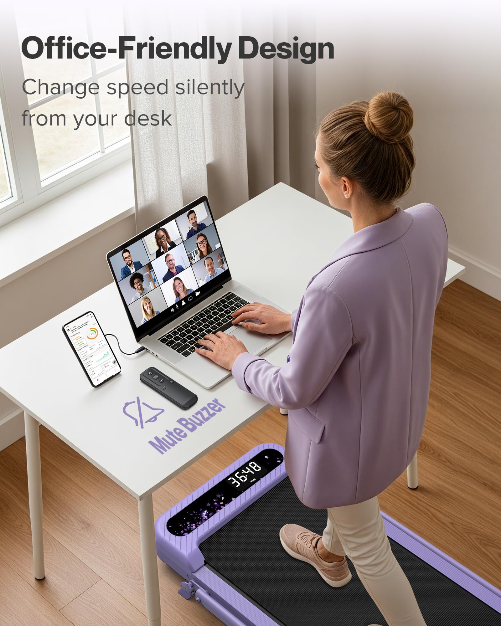 WELLFIT Folding Treadmill with Handlebar, 350 LBS Incline Walking Pad, Quiet Under Desk Treadmill for Home Office, APP & Voice Control, No Assembly Compact Foldable Treadmills, Purple Gift for Women