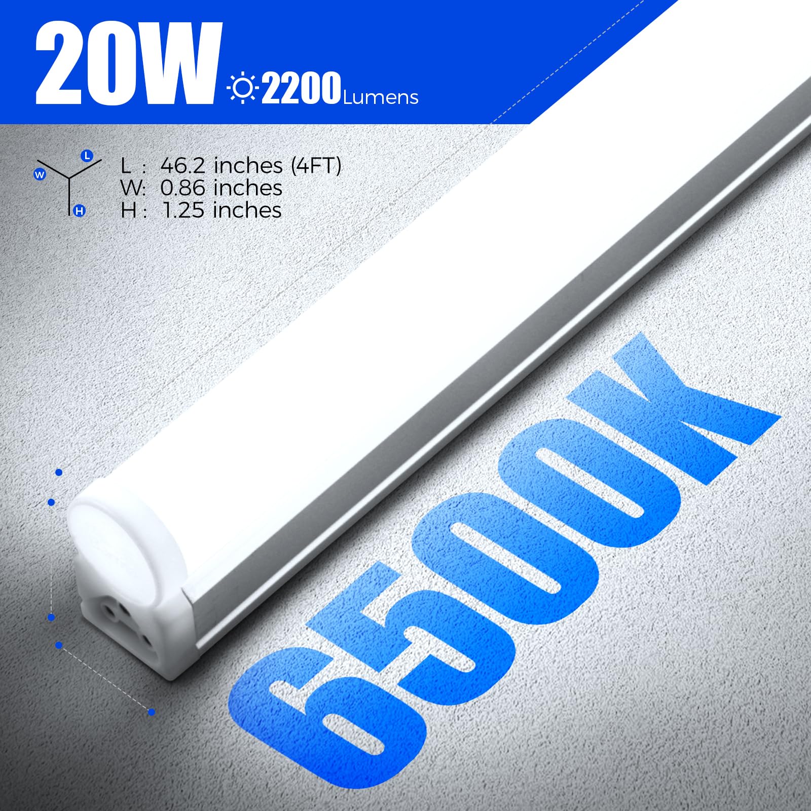 Barrina LED T5 Integrated Single Fixture, 4FT, 2200lm, 6500K (Super Bright White), 20W, Utility Shop Light, Ceiling and Under Cabinet Light, Garage Light with Built-in ON/Off Switch