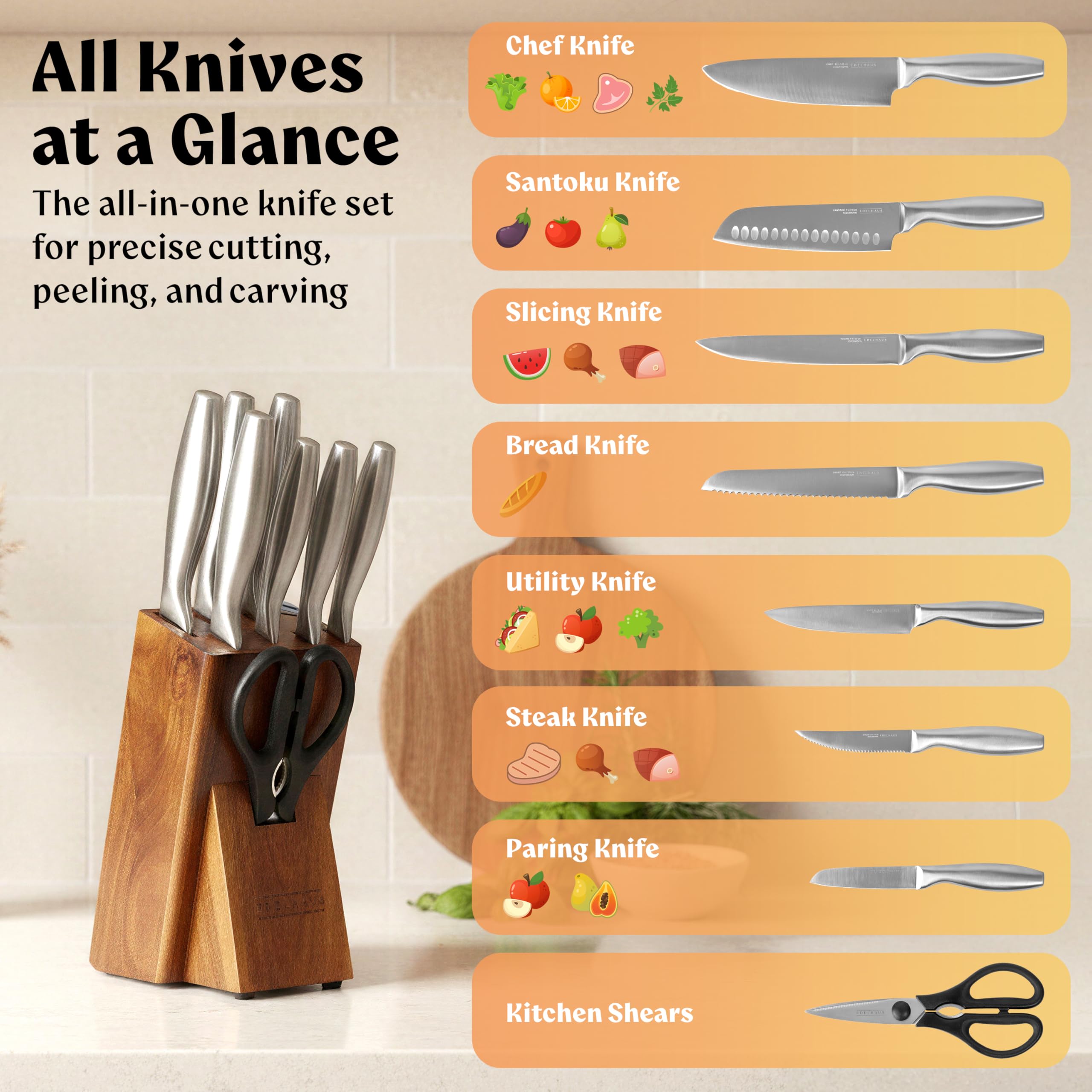 EDELHAUS Knife Set with Block – 9 pcs Stainless Steel Kitchen Knife Block Set - Professional Knife Block with Sharpener and Scissors - Kitchen Knife Set with Acacia Wood Block & Steel Handles