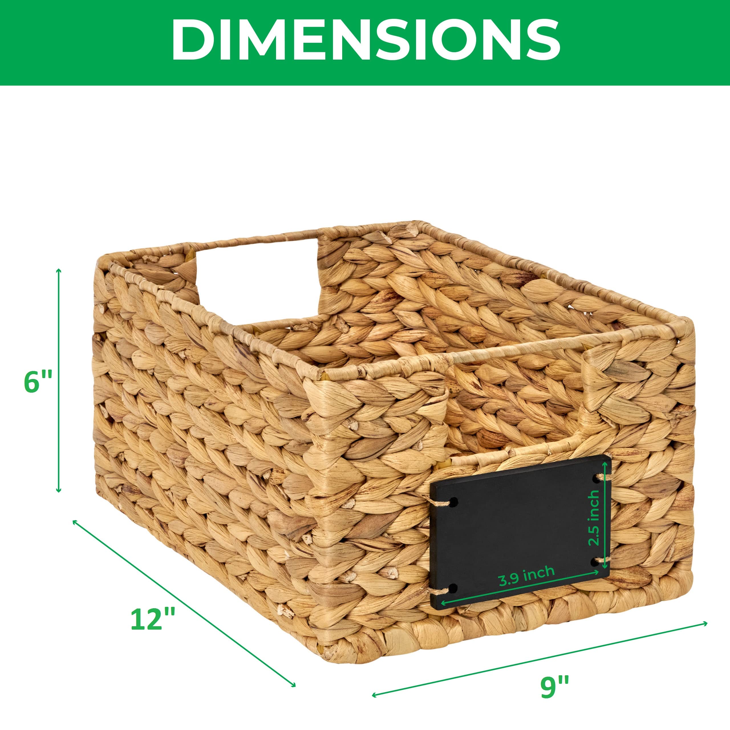 BARIEN 6 Pcs 12" x 9" x 6" Natural Water Hyacinth Woven Storage Baskets, Rectangular Wicker Basket with Built-in Handles, Woven Cube Storage Bin with Chalkboard Label Chalk Marker (Natural - Set of 6)