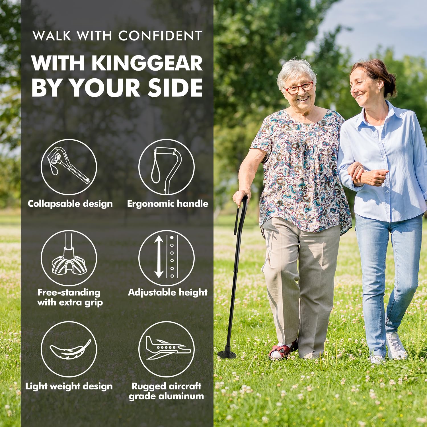KINGGEAR F1 Walking Stick, Walking Cane for Women & Men, Self Standing Walkers for Seniors with Wrist Strap, Lightweight & Sturdy Offset EVA Handle and Large Quad Base