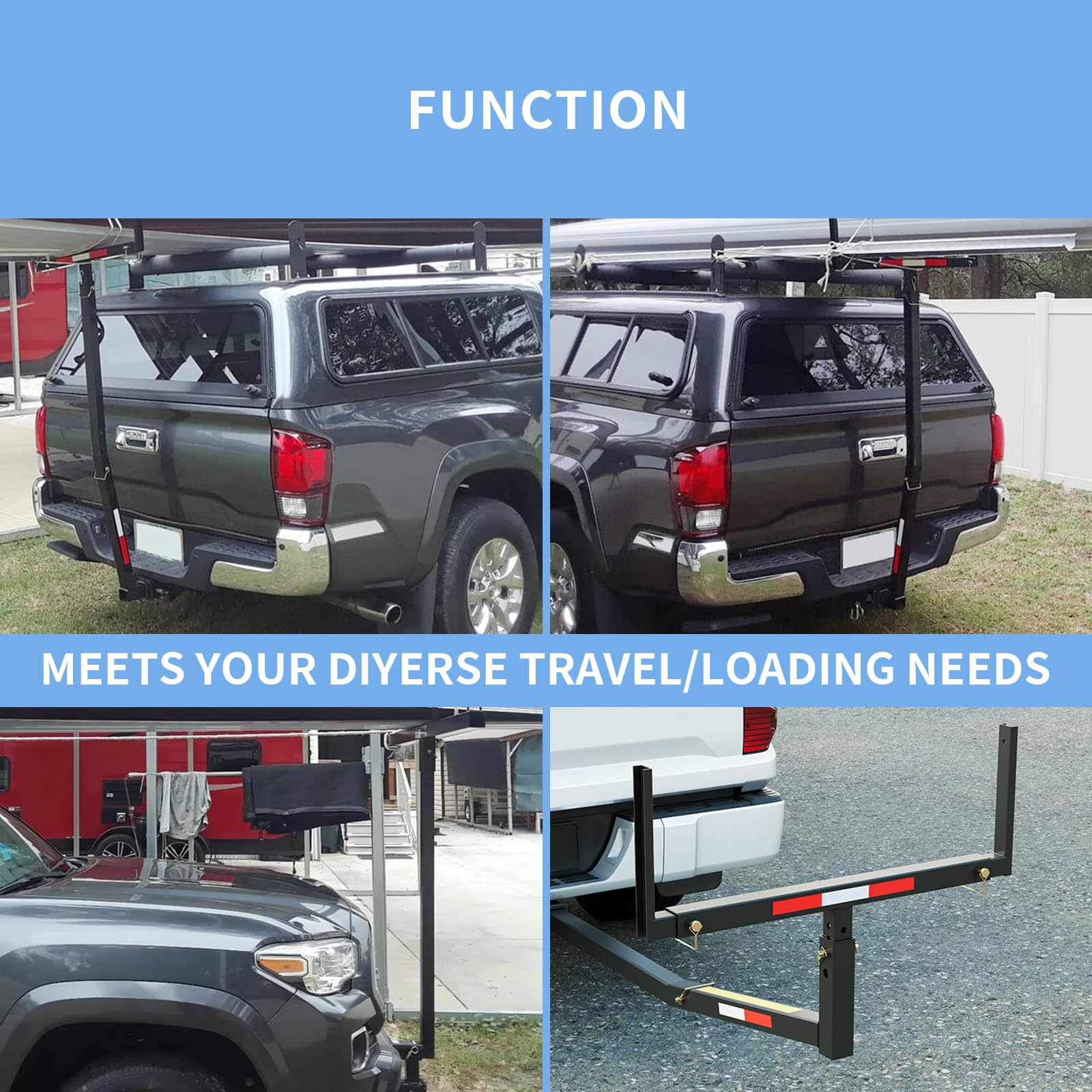 ECOTRIC Truck Bed Extender Pickup Truck Bed Hitch Mount Extension Rack SUV Lumber Ladder Canoe Boat Kayak Long Pipes w/Flag 750lbs Capacity