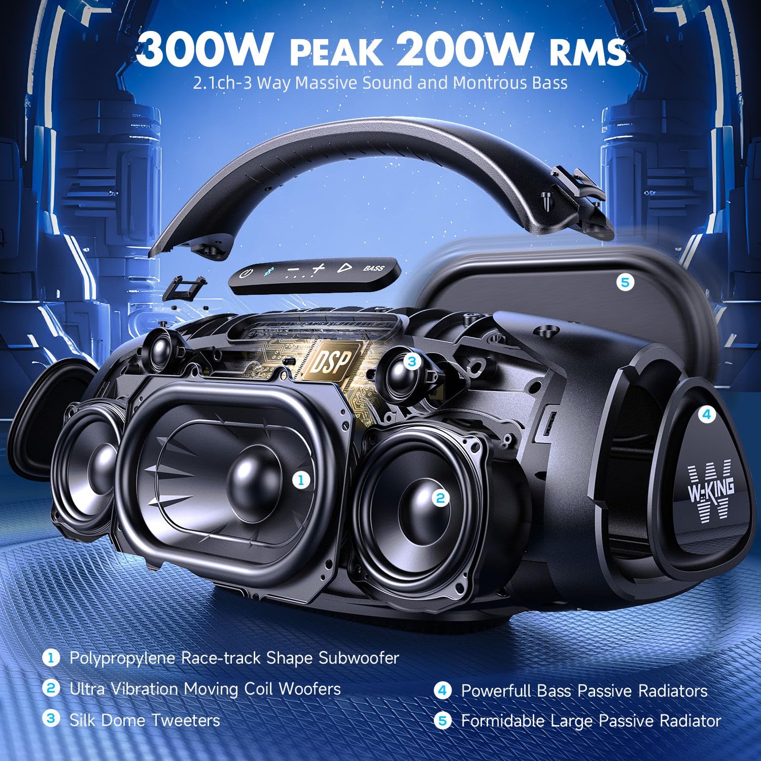 W-KING 300W Peak 200W RMS Portable Bluetooth Speakers, Massive Bass Party Boombox IPX7 Waterproof Bluetooth Speaker Large, Loud Outdoor Wireless Speaker/V5.3/EQ APP/Fast Charge/Stereo Pair/Guitar in