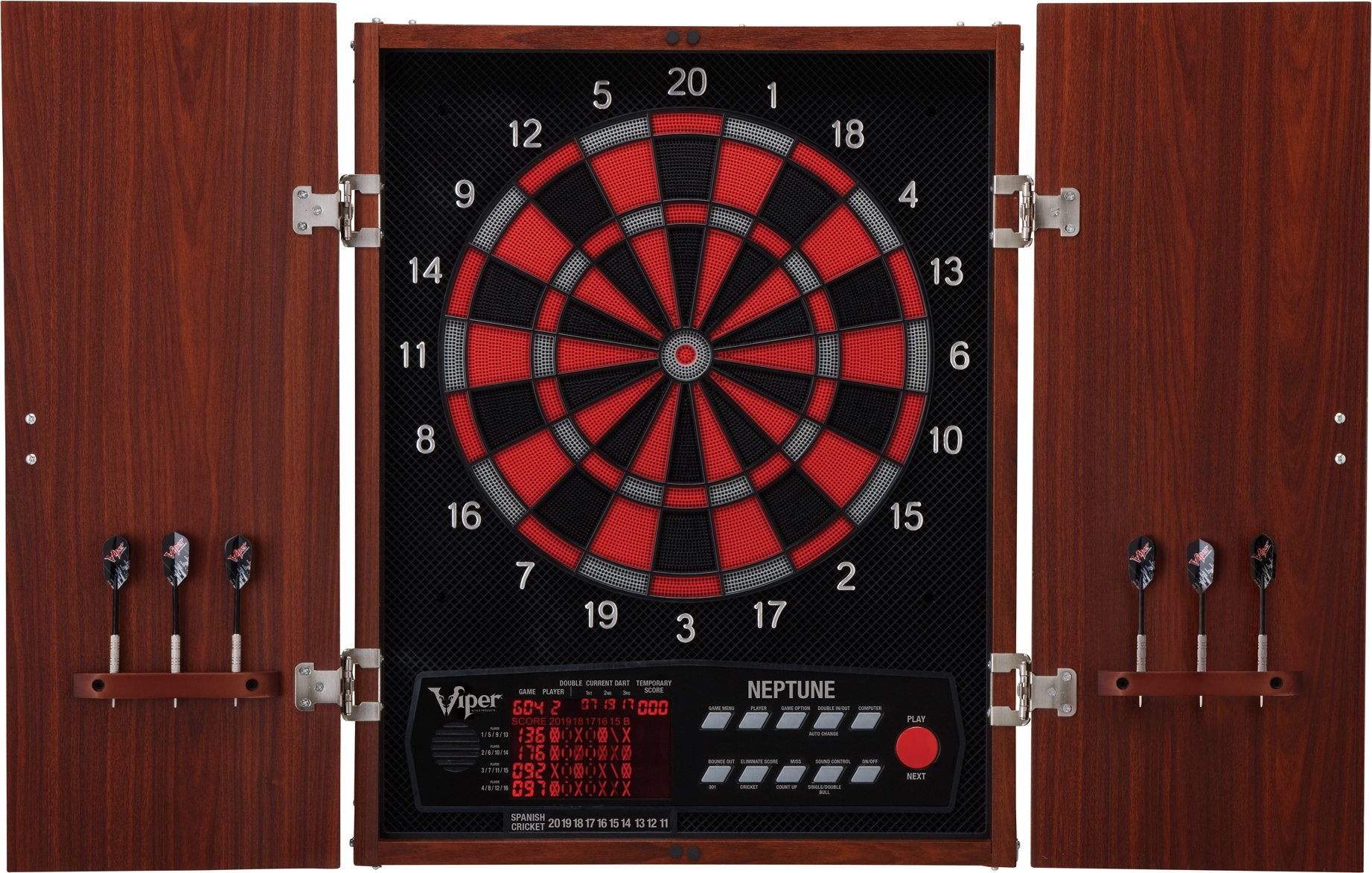 Viper by GLD Products Neptune Electronic Dartboard Cabinet Combo Pro Size Over 55 Games Large Auto-Scoring LCD Cricket Display Extended Dart Catch Area 16 Player Multiplayer with Soft Tip Darts and Power Adapter , 21.5" L x 26.5" W x 3.5" H