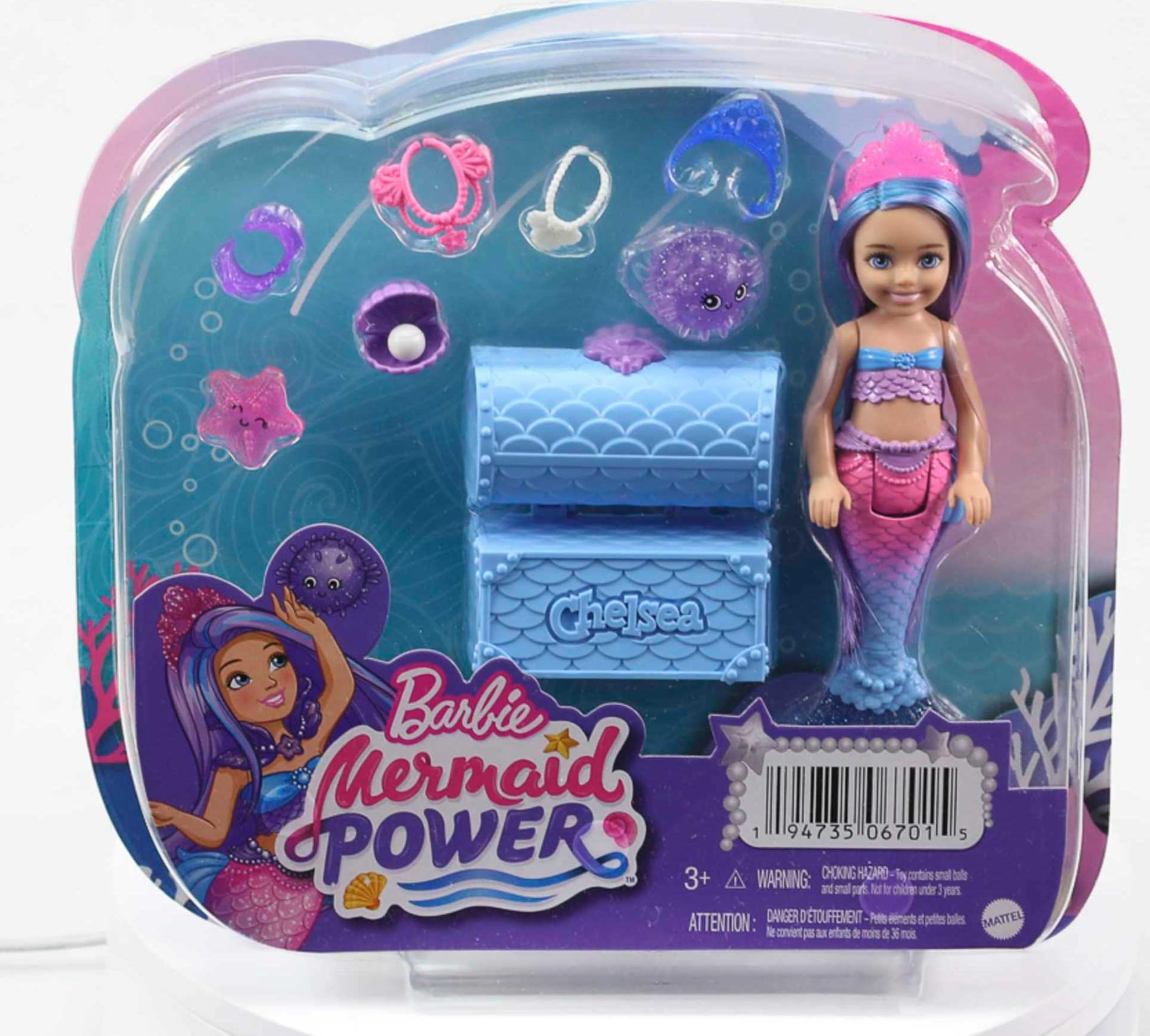 Barbie Mermaid Power Chelsea Small Doll with Blue & Purple Hair, 2 Ocean Pets & Treasure Chest Accessory