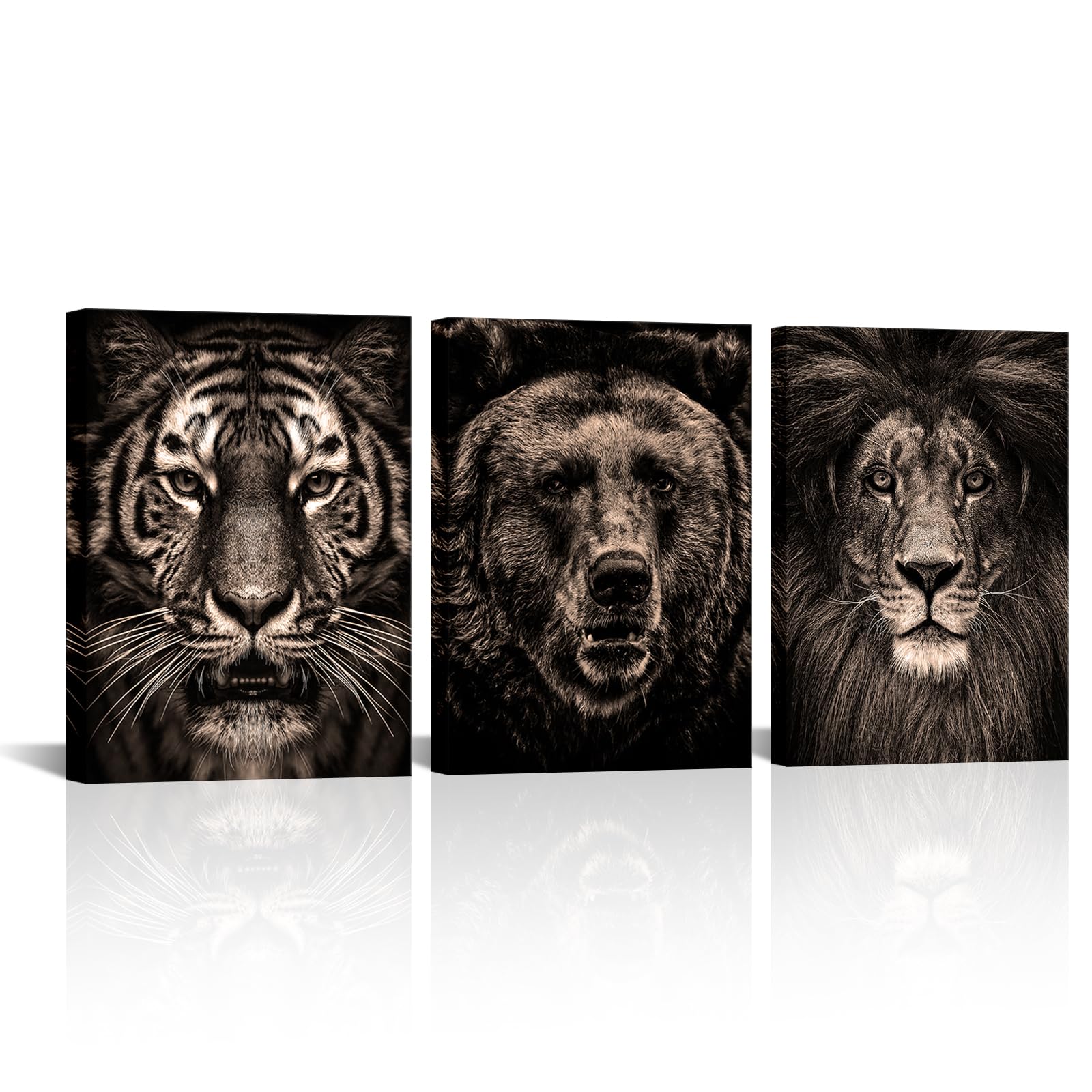 OuElegent Black and Beige Wildlife Canvas Wall Art Animal Tiger Bear Lion Portrait Picture Poster Artwork for Home Living Room Bedroom Office Wall Decoration 12"x16"x3pcs