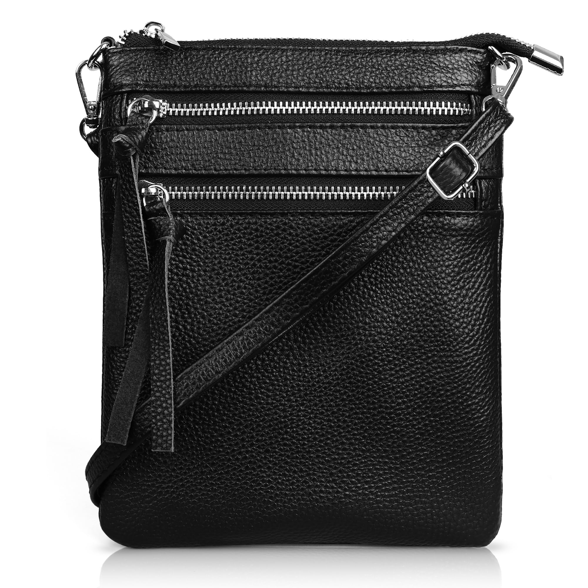 befen Small Black Genuine Leather Crossbody Purses for Women Trendy, Mini Shoulder Cross Body Bags Tripple Zipper Pouch Purse Travel - Fit iPhone 14 Pro Max