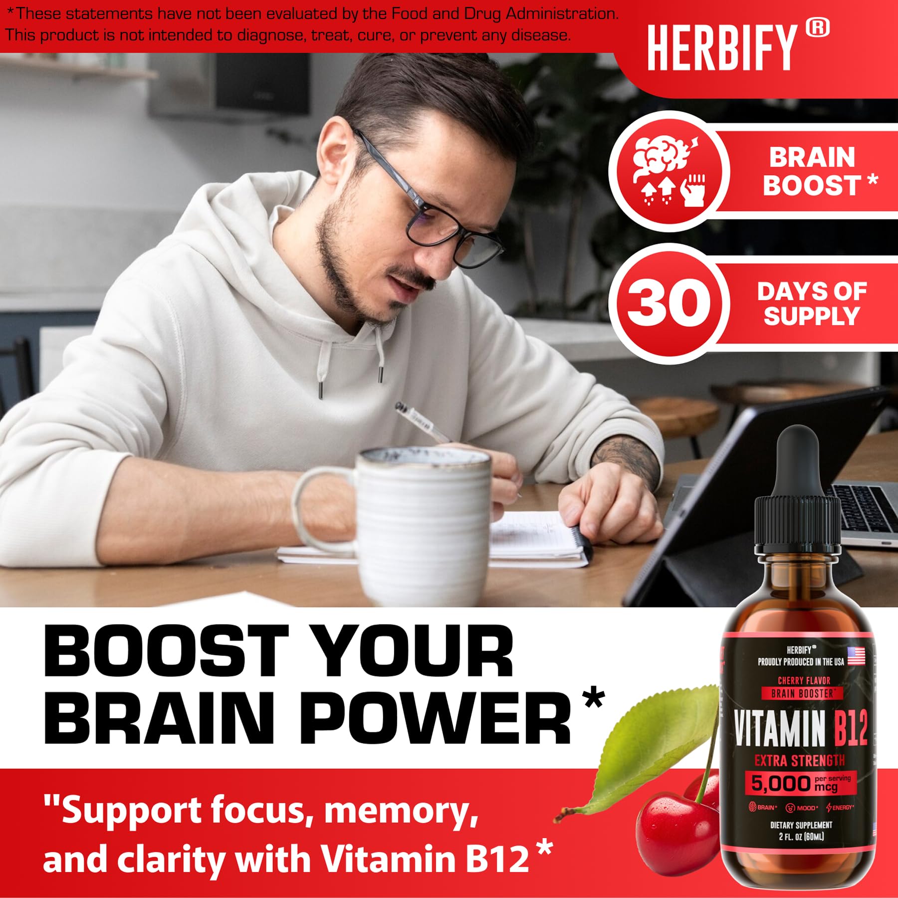 HERBIFY Vitamin B12 Methylated Multivitamin Energy Supplements for Women & Men - Liquid B12 Vitamins 5000 Mcg Methylcobalamin - Energy Support and Immune Health Liquid Vitamin 2 Oz