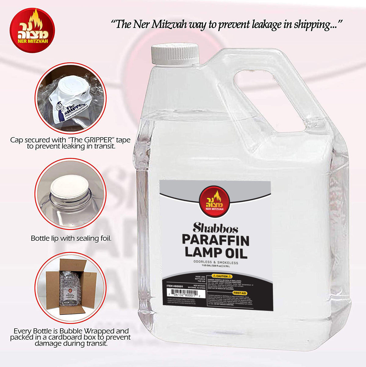 1 Gallon Paraffin Lamp Oil - Clear Smokeless, Odorless, Clean Burning Fuel for Indoor and Outdoor Use - Shabbos Lamp Oil, by Ner Mitzvah
