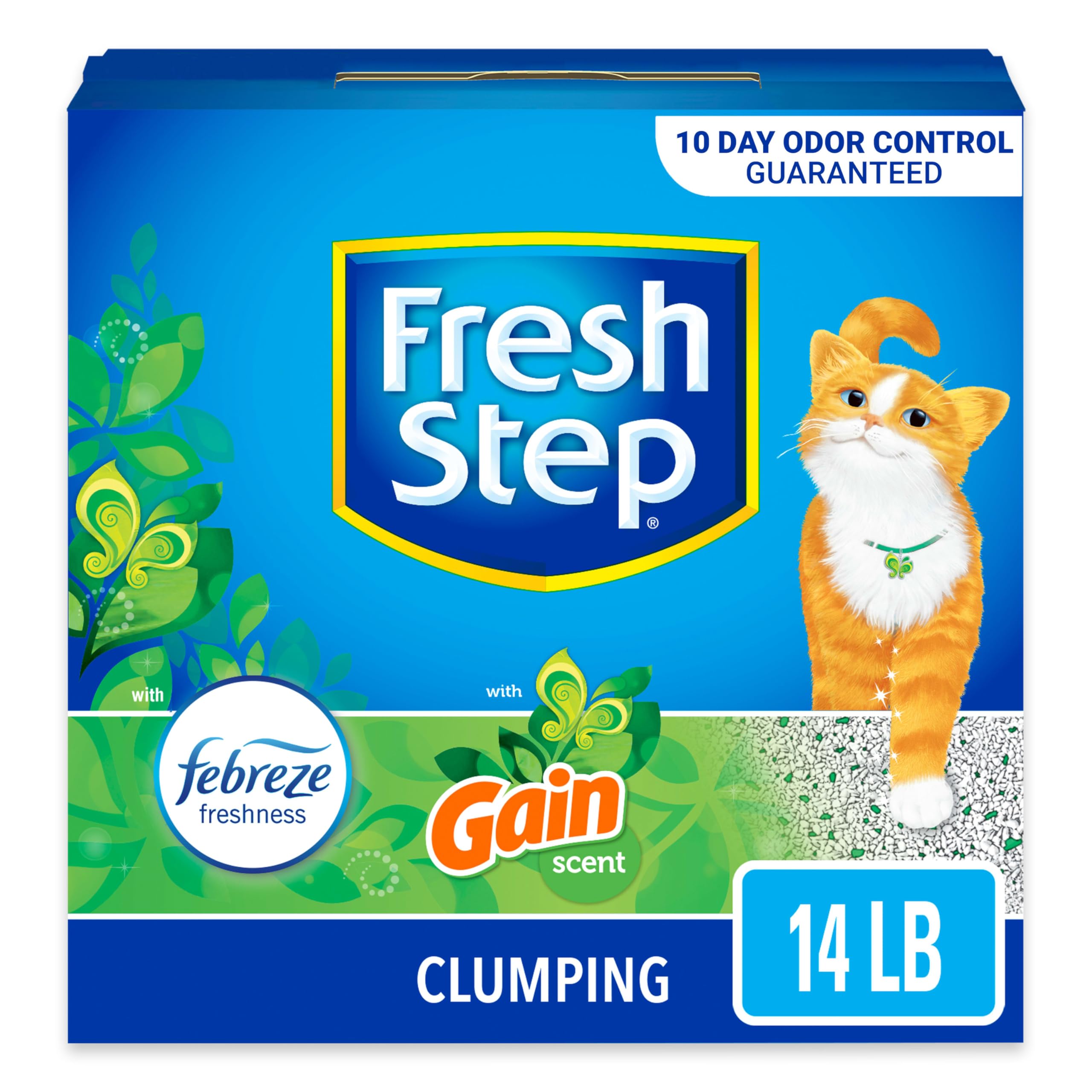 Fresh Step Clumping Cat Litter with Febreze Gain Scent, Long Lasting Odor Control Kitty Litter with Activated Charcoal, Low Dust Formula, 14 lb