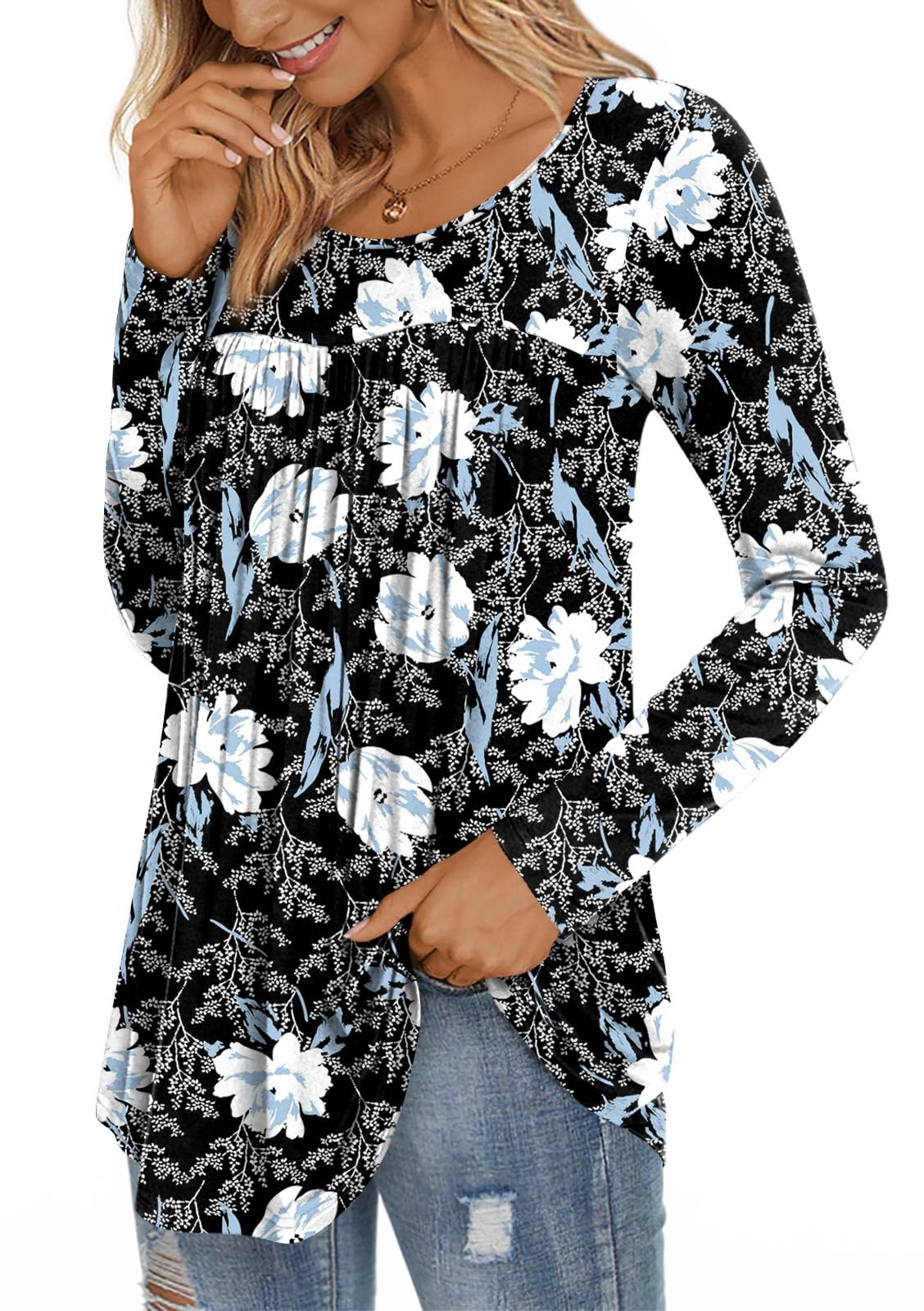 LONGYUAN Ladies Stretchy Blouse Comfy Printed Top Long Sleeve Loose Flare Tunic Tops White Lily Medium
