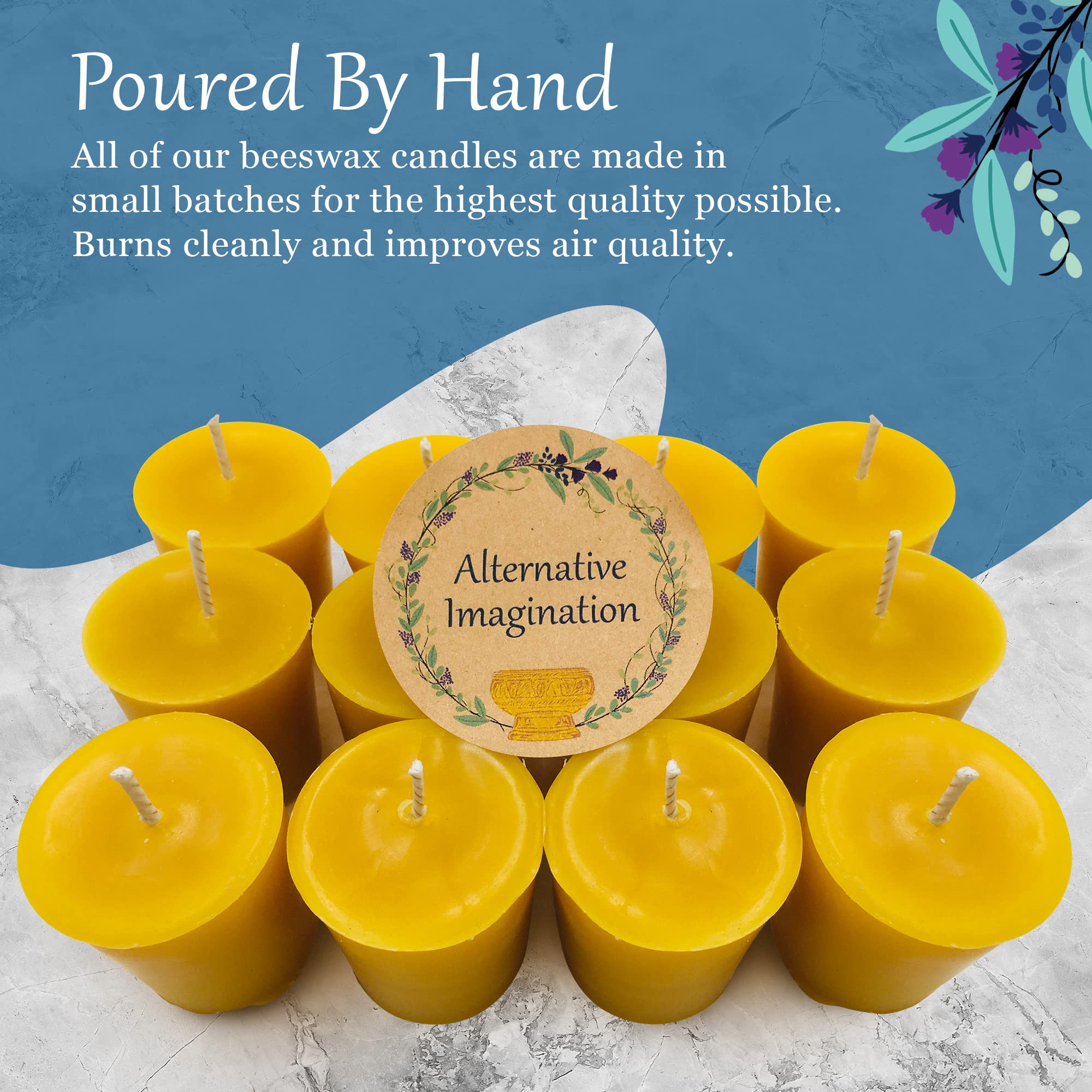 12 Pack of Beeswax Votive Candles - 100% Pure, Natural Beeswax with Natural Light Honey Scent - 15 Hour Burn - Alternative Imagination