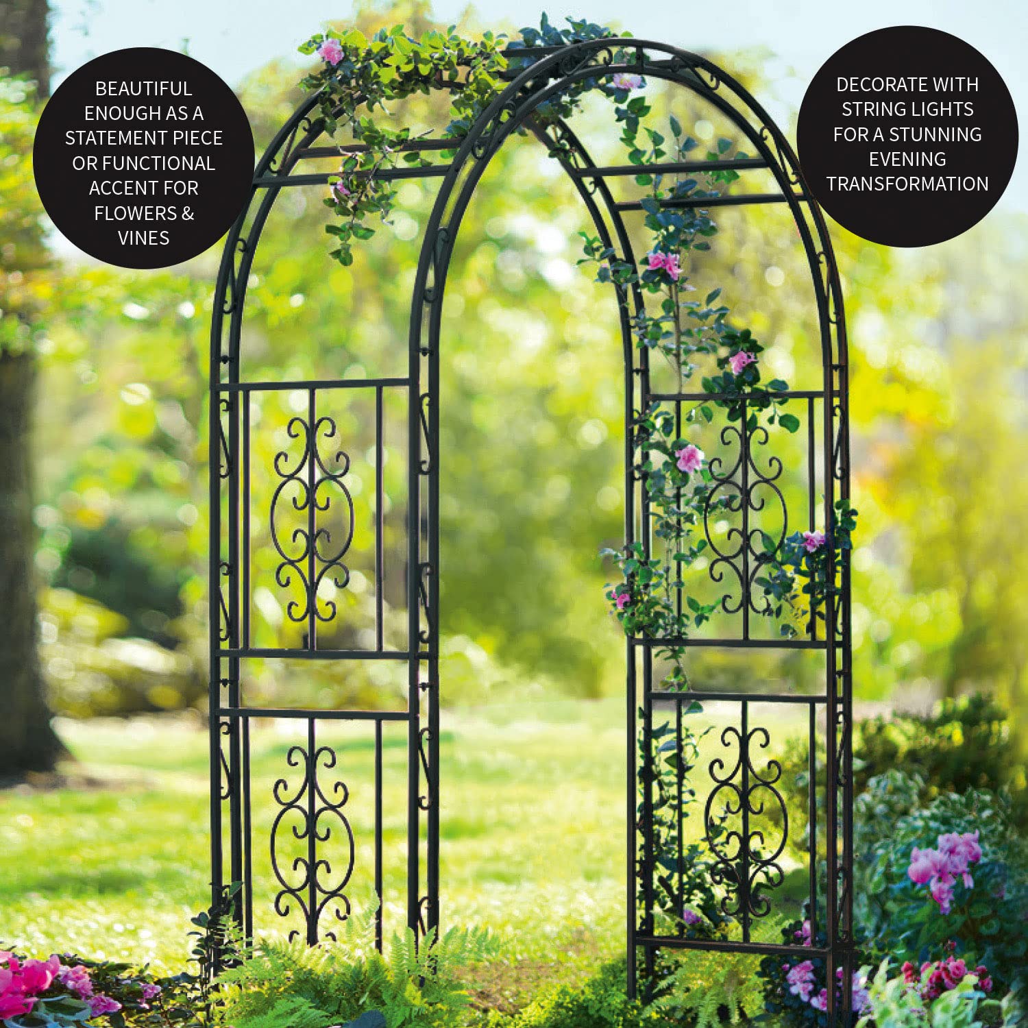 Plow & Hearth Arch Metal Outdoor Garden Arbor | Montebello | 84-in (H) x 53-in (W) x 23-in (D) | Black | Iron Trellis Lattice for Climbing Plants | Wedding | Outdoor Patio Décor