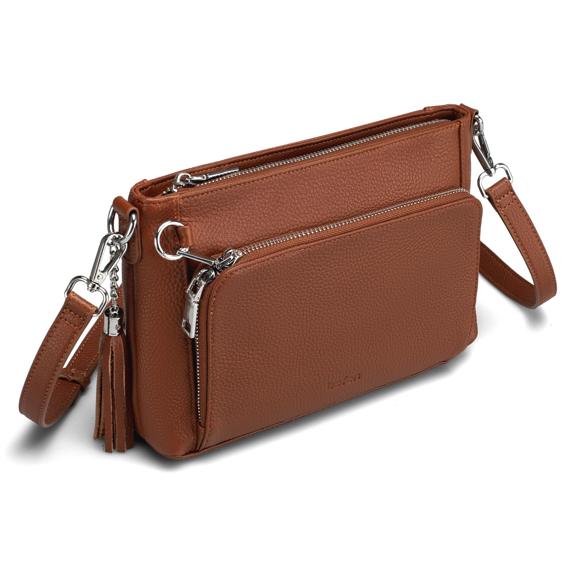 befen Genuine Leather Crossbody Bags for Women, Brown Leather Purse with Built in Wallet, RFID Blocking Anti Theft Crossbody Bags for Women, Travel Purse with Removable and Adjustable Strap