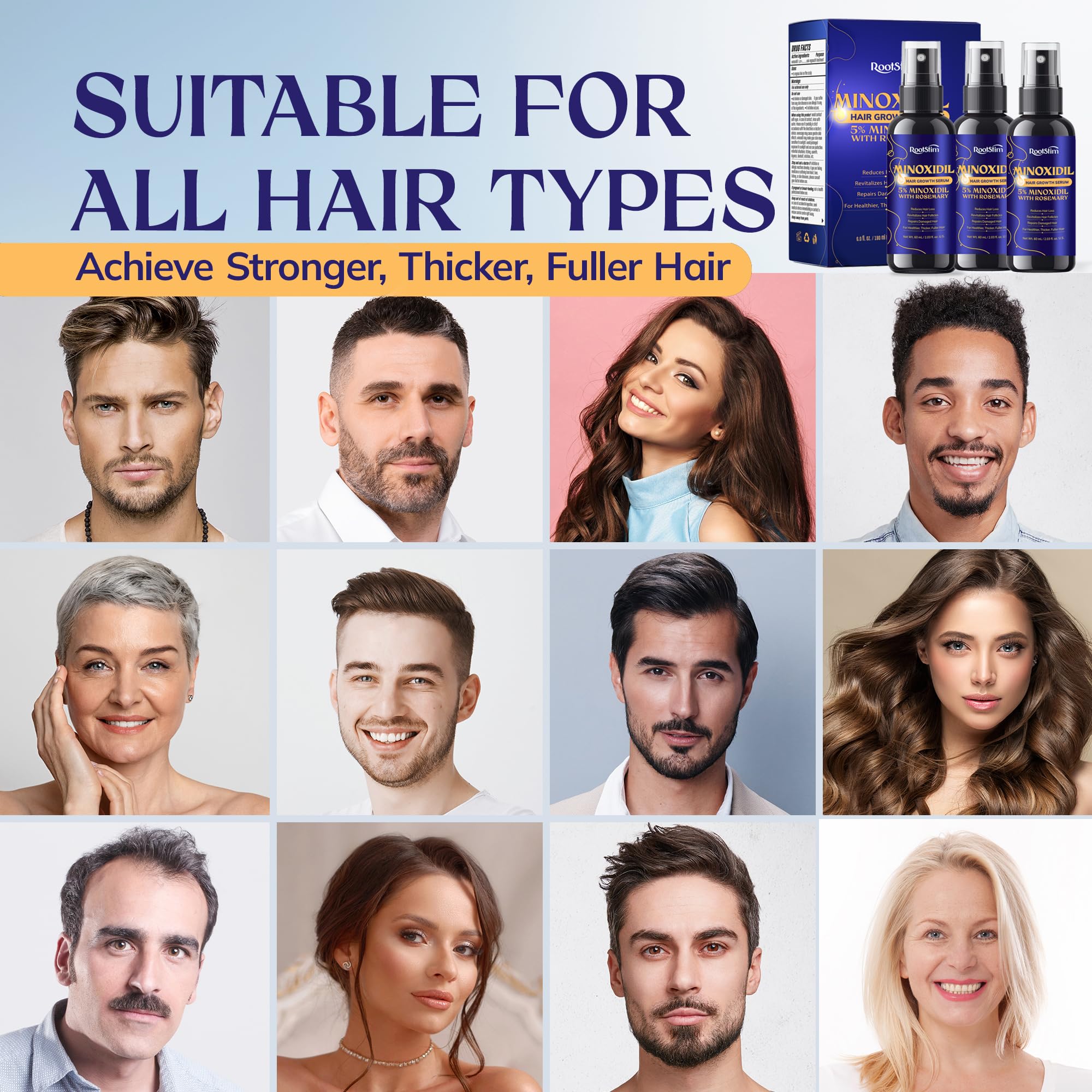 5% Minoxidil Hair Growth for Men and Women: 3-Pack RootStim Extra Strength Minoxidil with Rosemary for Thinning Hair Regrowth and Fuller Hair 180 ML
