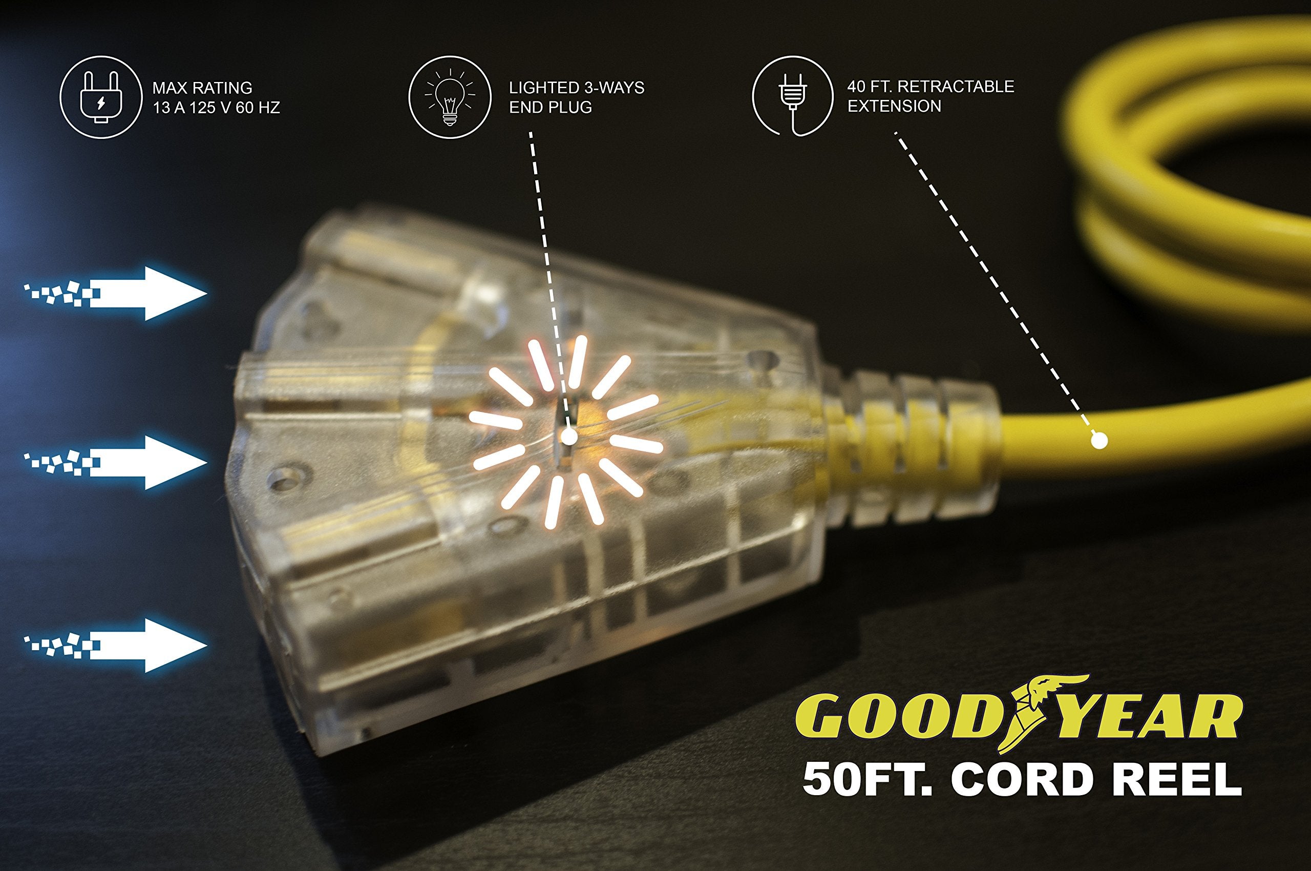 Goodyear Extension Cord Reel Retractable 16AWG x 50' Foot 3C/SJTOW Commercial Cable LED Triple Tap Connector Power 10A 125VAC 938W