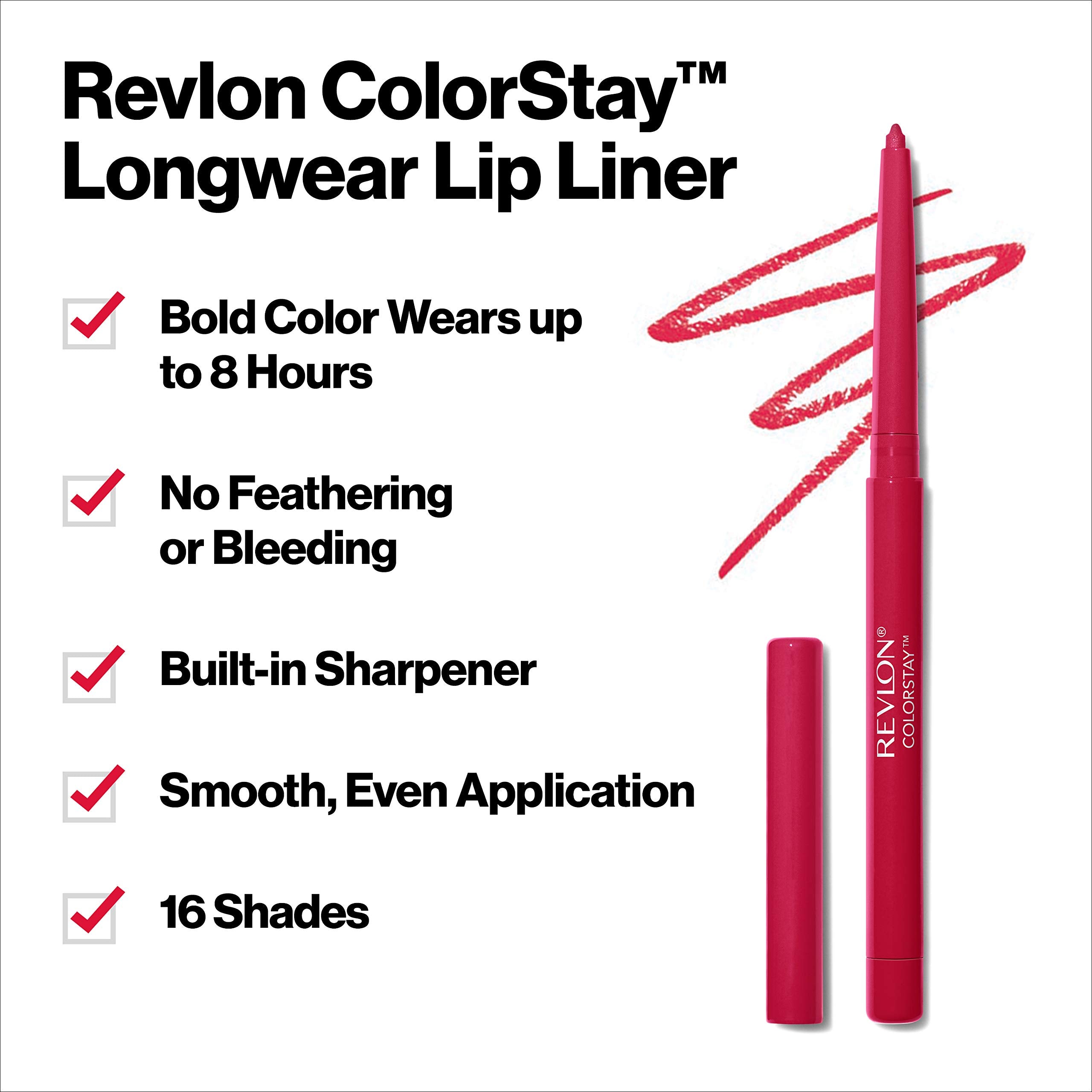 Revlon ColorStay Lip Liner, Lip Makeup Stocking Stuffers for Women, With Built-In Sharpener, Longwear Rich Lip Colors, 670 Wine, 0.01 oz