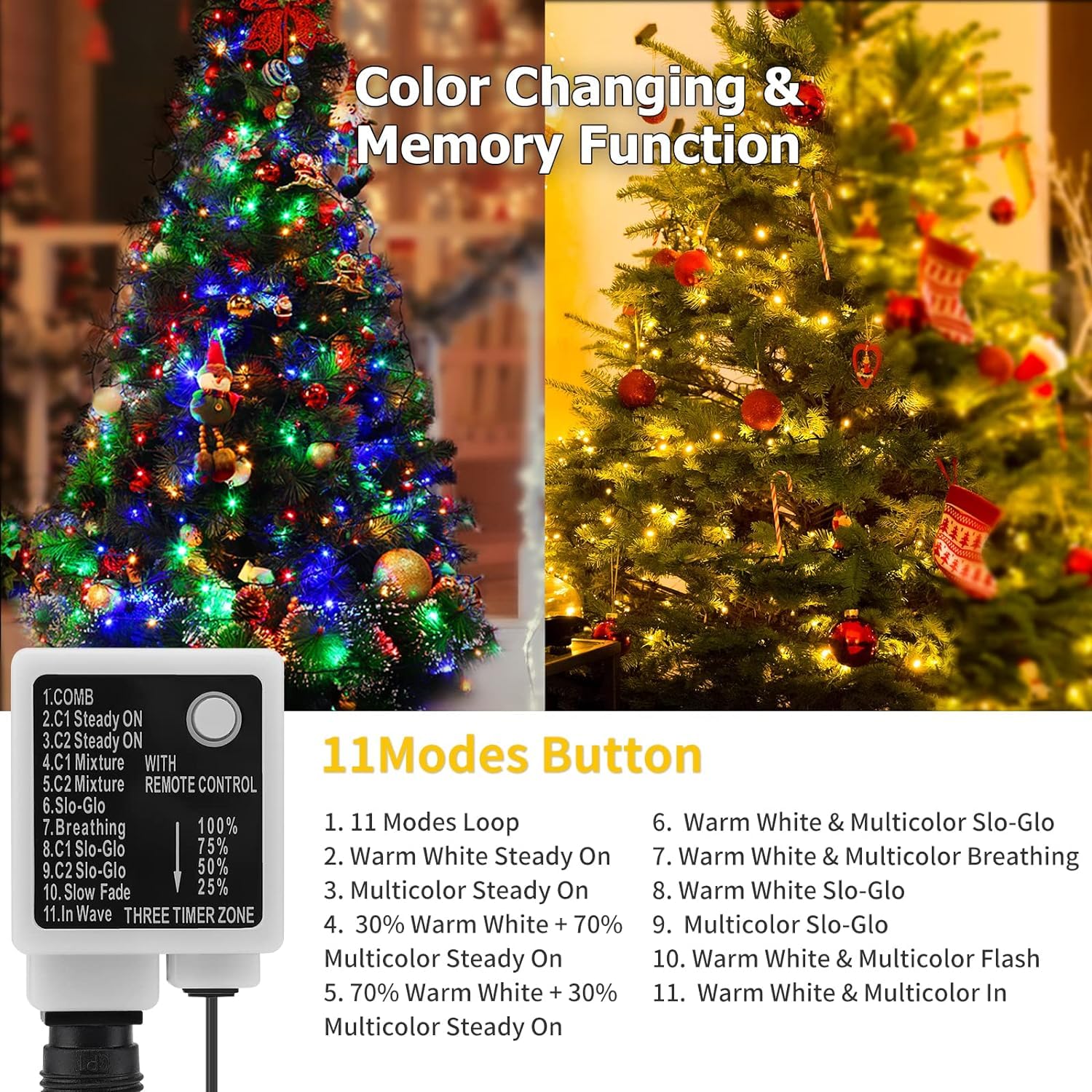 QUWIN Outdoor Christmas String Lights, 180Ft 500 LED UL Certified 11 Lighting Modes, Indoor & Outside Christmas Tree Lights for Christmas Tree, Patio, Holidays, Party 
