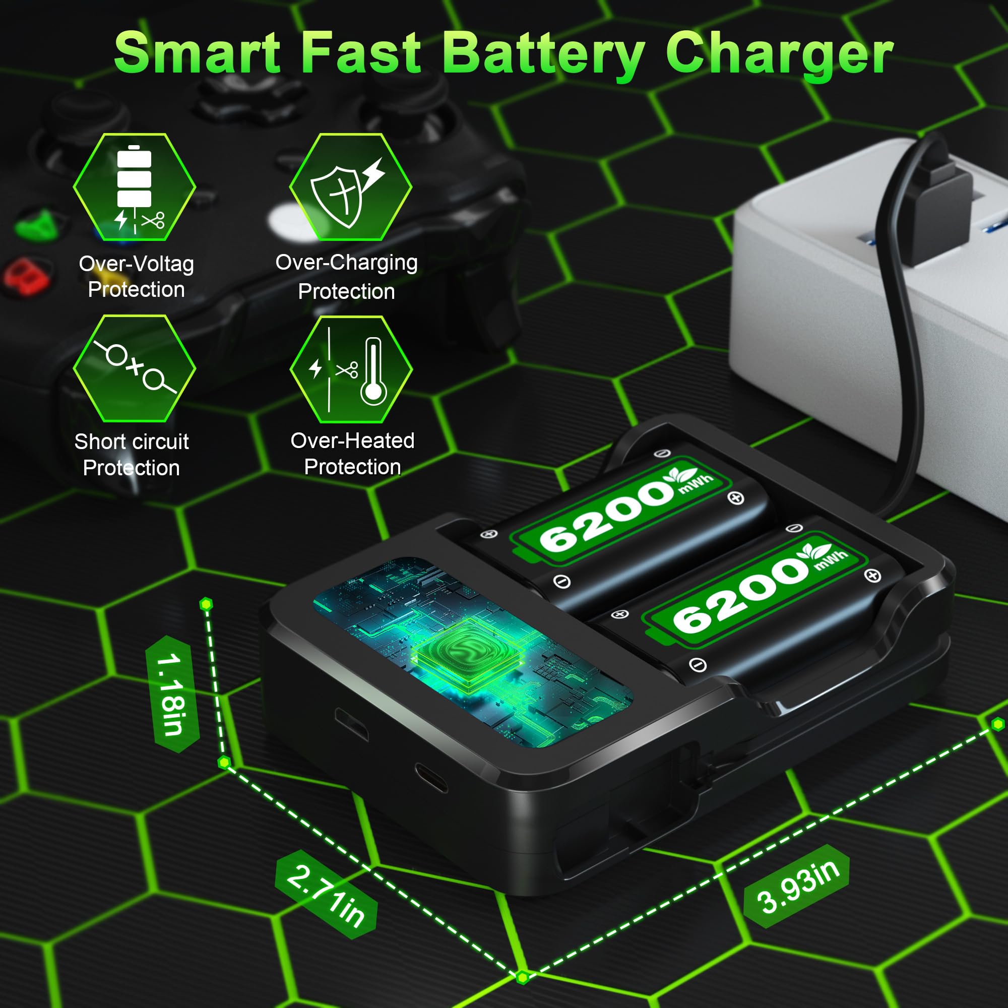 Ponkor Rechargeable Battery Packs for Xbox Series X|S/Xbox One, 2 x 6200 mWh Batteries with High-Speed Charging Station for Xbox One S/Xbox One X/Xbox One Elite Controller Battery Pack
