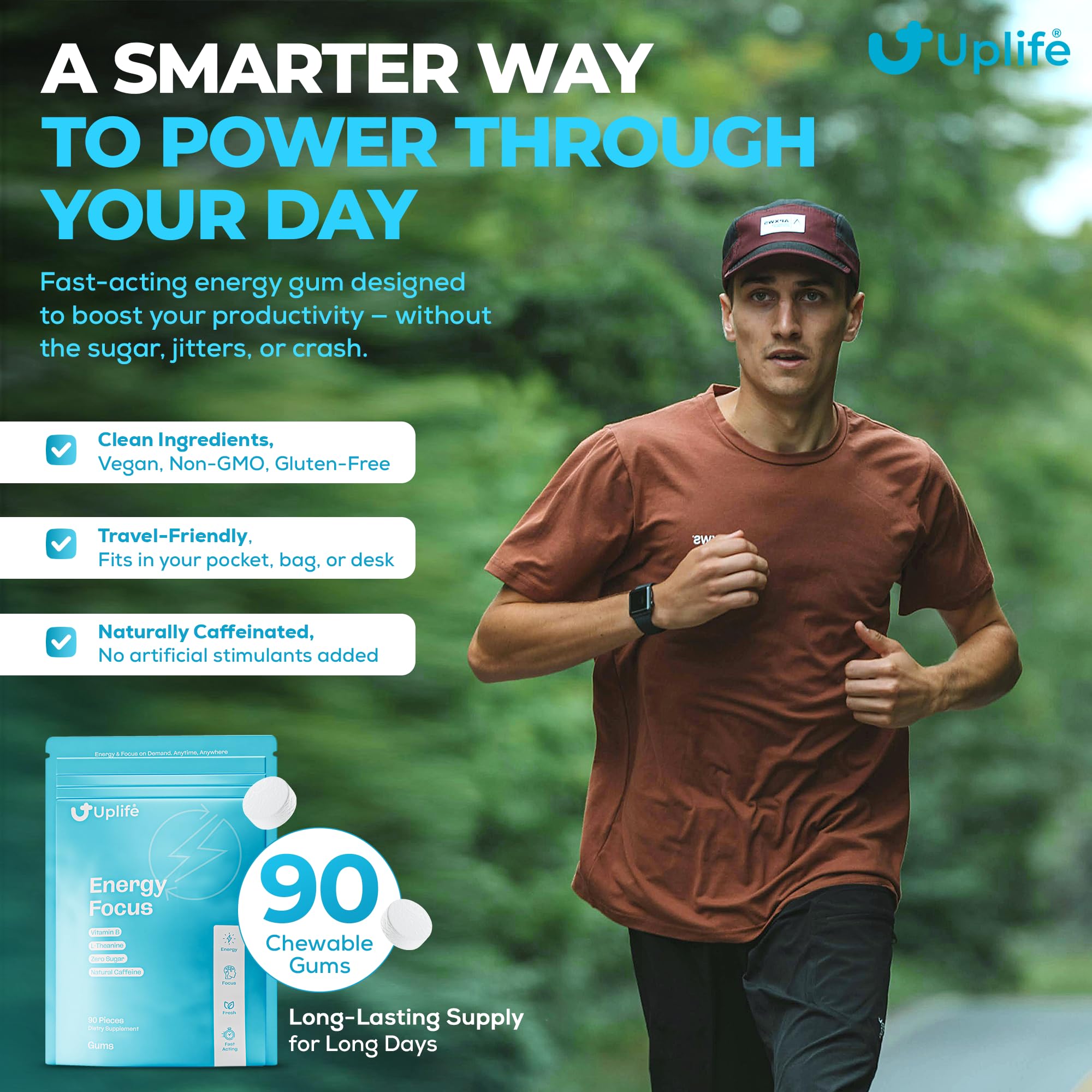 UPLIFE Energy and Focus Gum 90 Pcs – Made in USA - Peppermint Gum Flavor – Natural Caffeine Gum Coffee Alternative - Organic Gum with 40mg Caffeine + 80mg L-Theanine + B3 & B12 - Suger Free, Non GMO