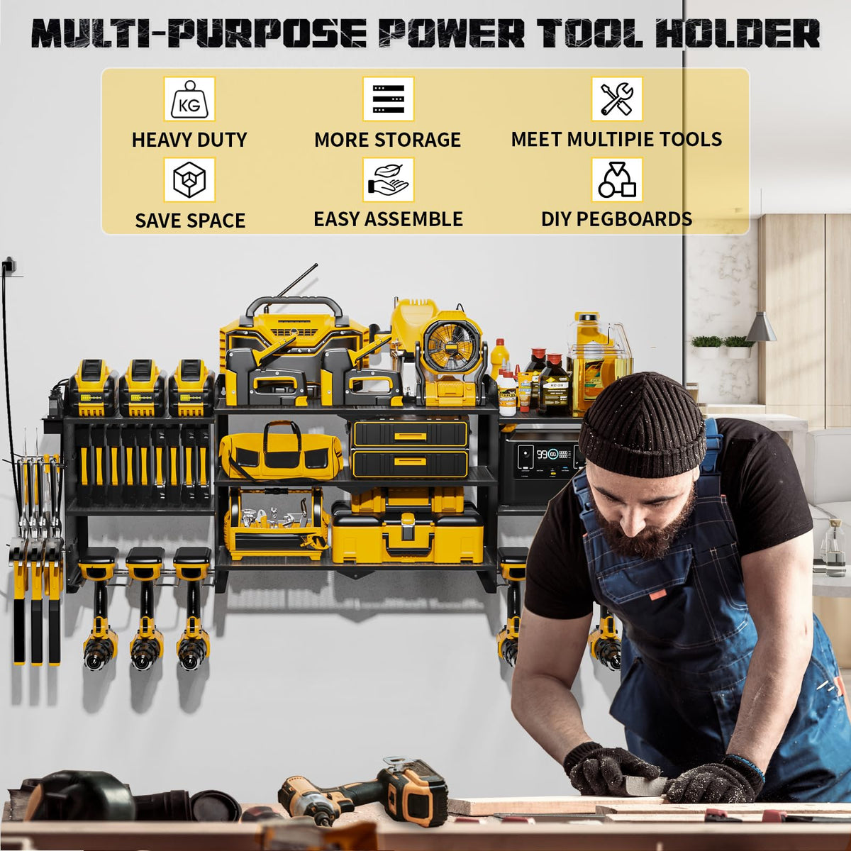 Power Tool Organizer with Charging Station,45.6Inch Upgrade Power Tool Holder Storage Rack,6 Drill Holders ,Heavy Duty Garage Tool Organizer Wall Mount with Screwdriver/6.5FT Power Strip (Black)