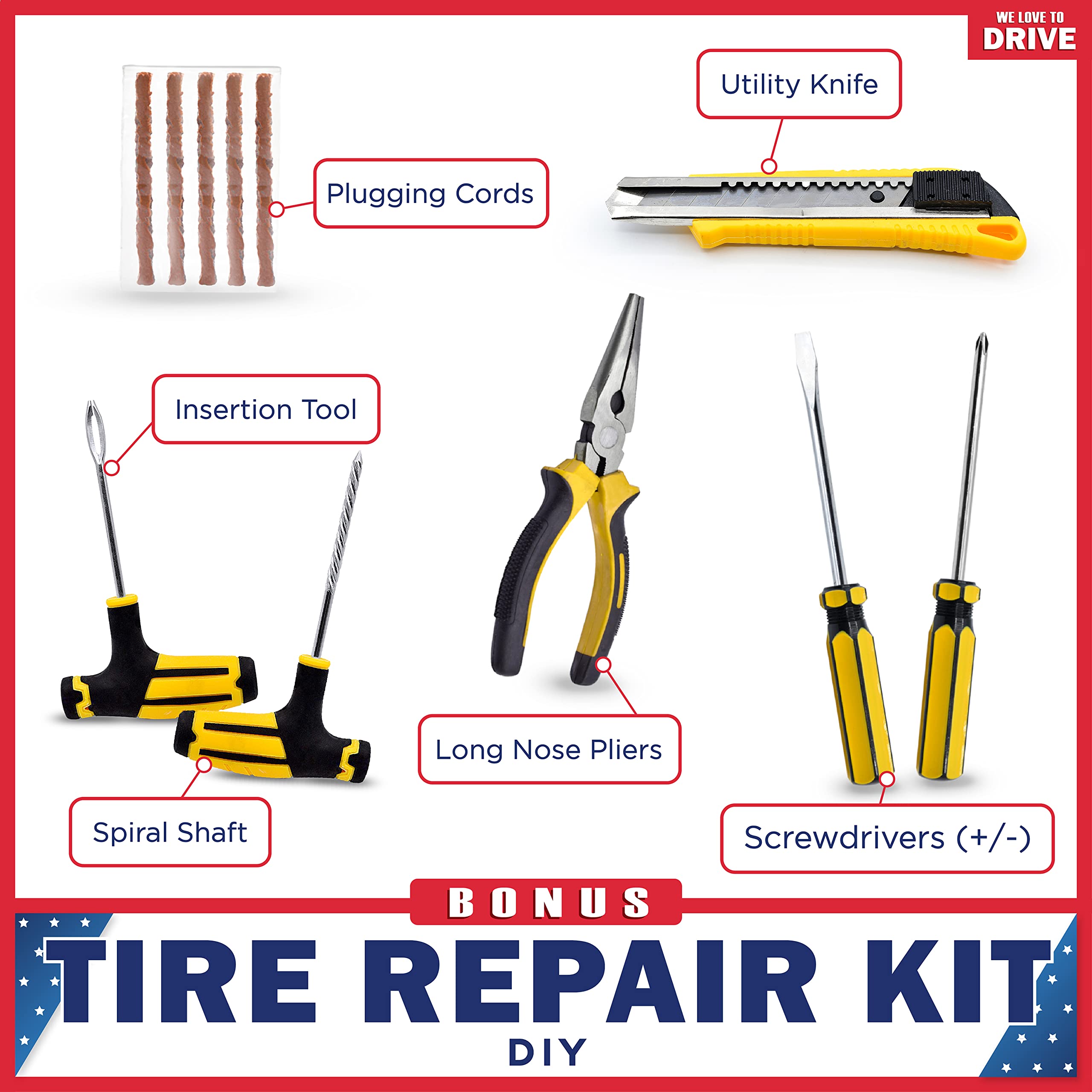 Air Pump and Tire Repair Kit β 12V DC Portable Air Compressor Tire Inflator with 150 PSI Gauge & Car Emergency Kit, Carry Case, Adaptors, Extension Hose, Car Plug & Tire Patch Kit by WE LOVE TO DRIVE