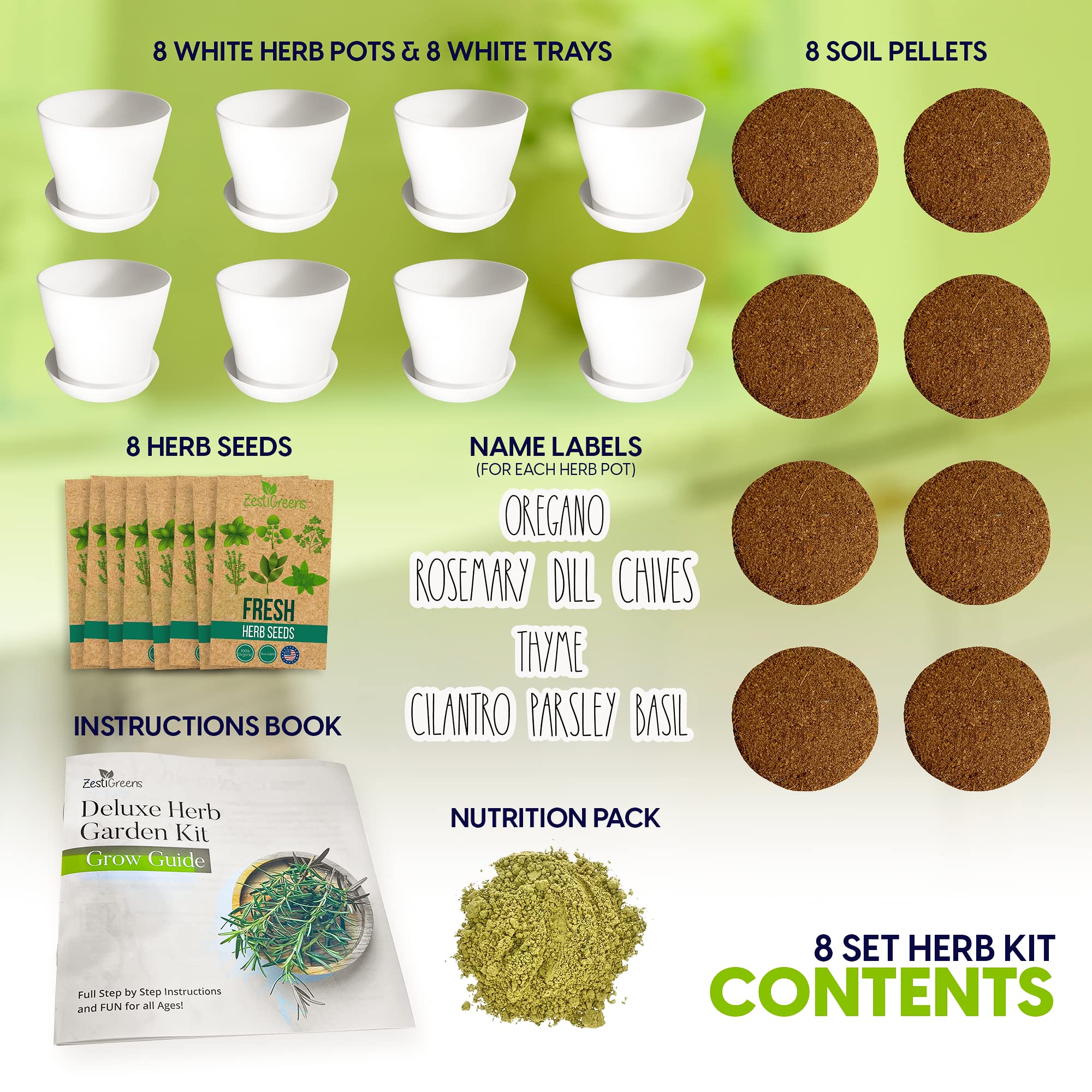 Deluxe Indoor & Outdoor Herb Garden Kit – 8 or The Most Popular Culinary Herbs with Pots & Soil for Windowsill or Patio Growing