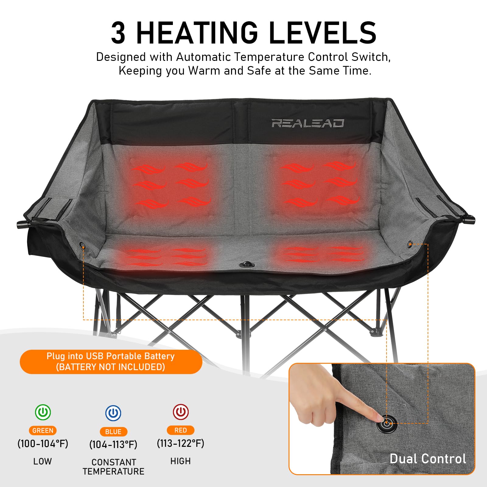 REALEAD Heated Loveseat Camping Chair | 3 Heat Levels and 4 Heating Zones | Portable Heated Chair for Outdoor Sports | Support 550lbs | Heated Folding Chairs for Outside | Battery NOT Included