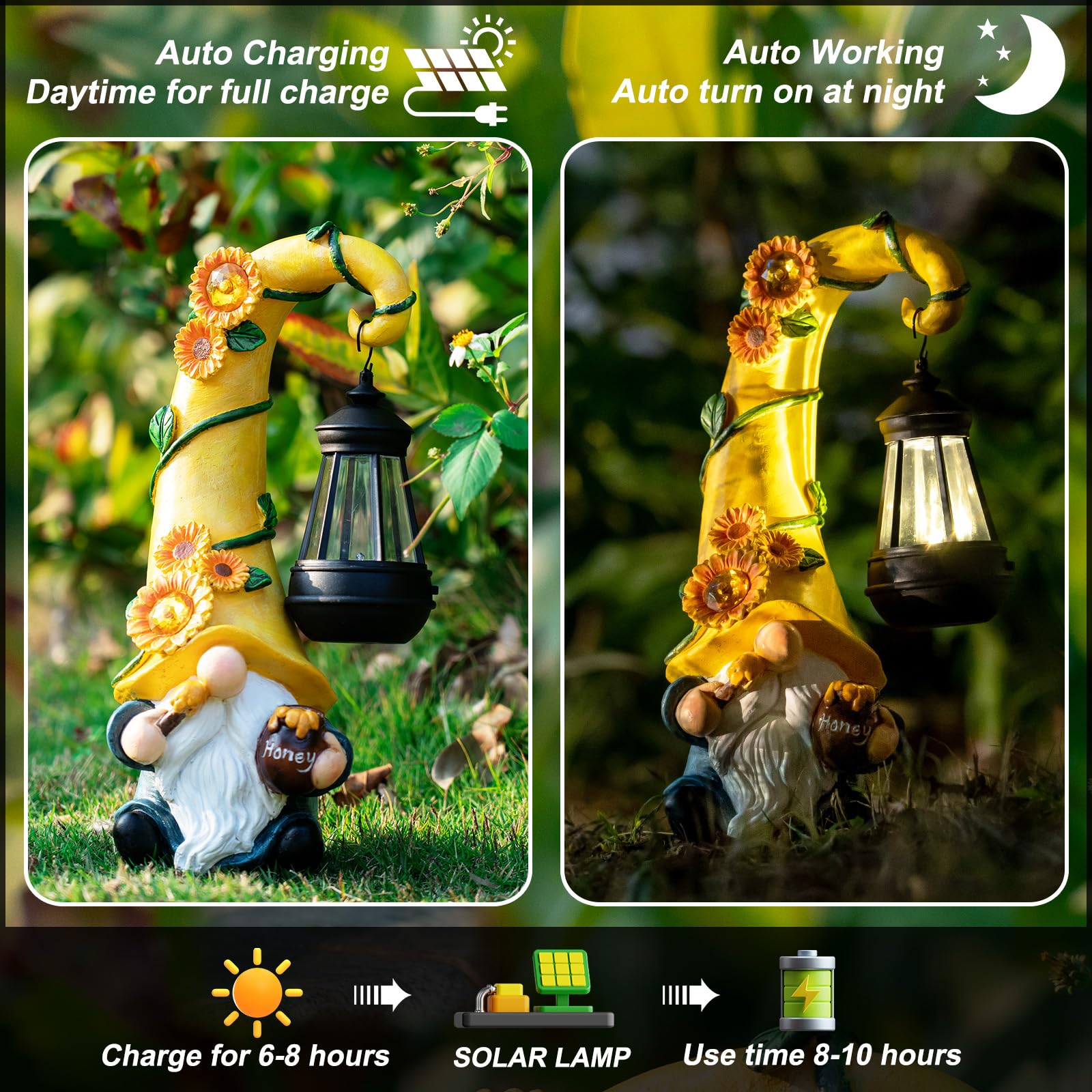 twinbling 12" Solar Gnome Garden Statues Honey Bee jar Decor with LED Lantern Outdoor Gnomes Decorations Patio Yard Art Gifts for Women Mom-Lantern